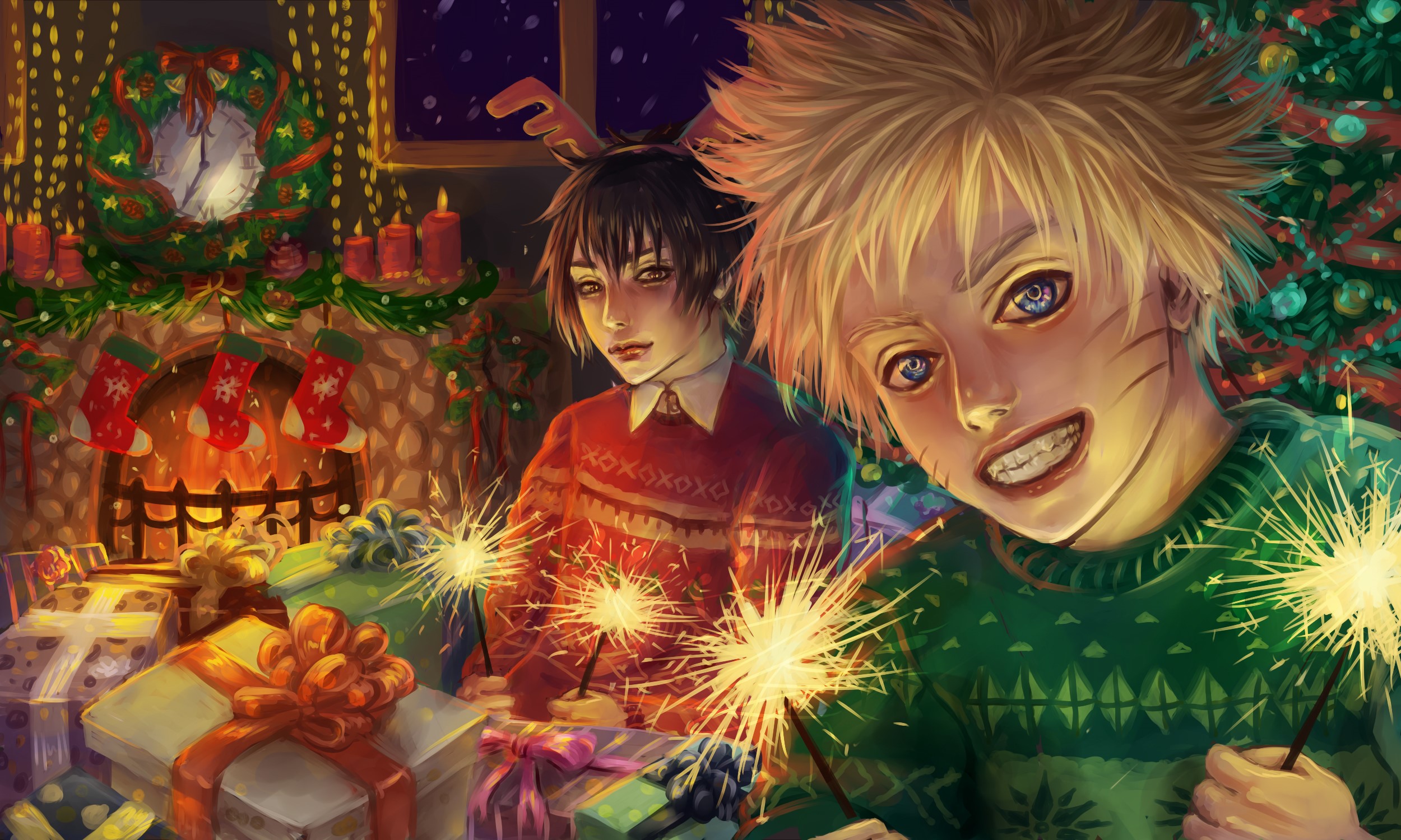 Naruto and Sasuke celebrating Christmas with sparklers HD Wallpaper