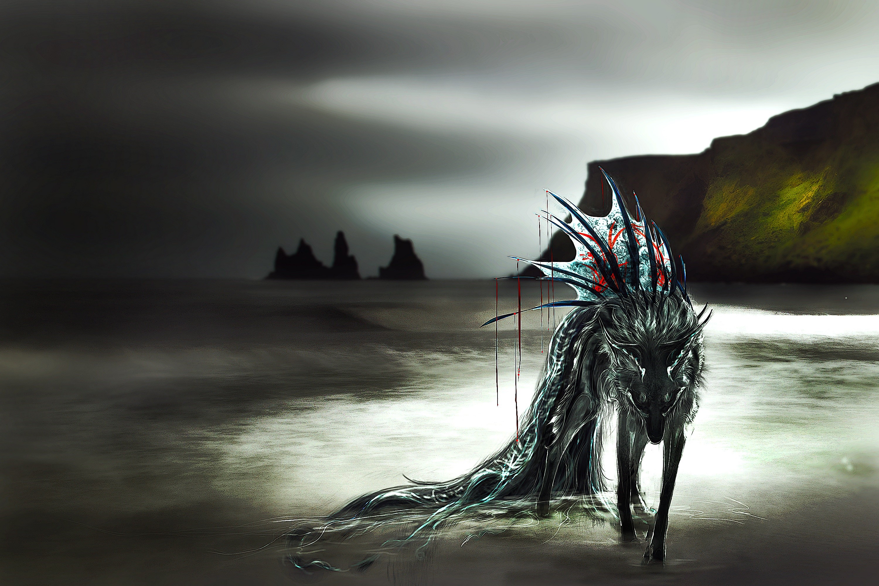 Fantasy wolf creature on a dark coast HD Wallpaper
