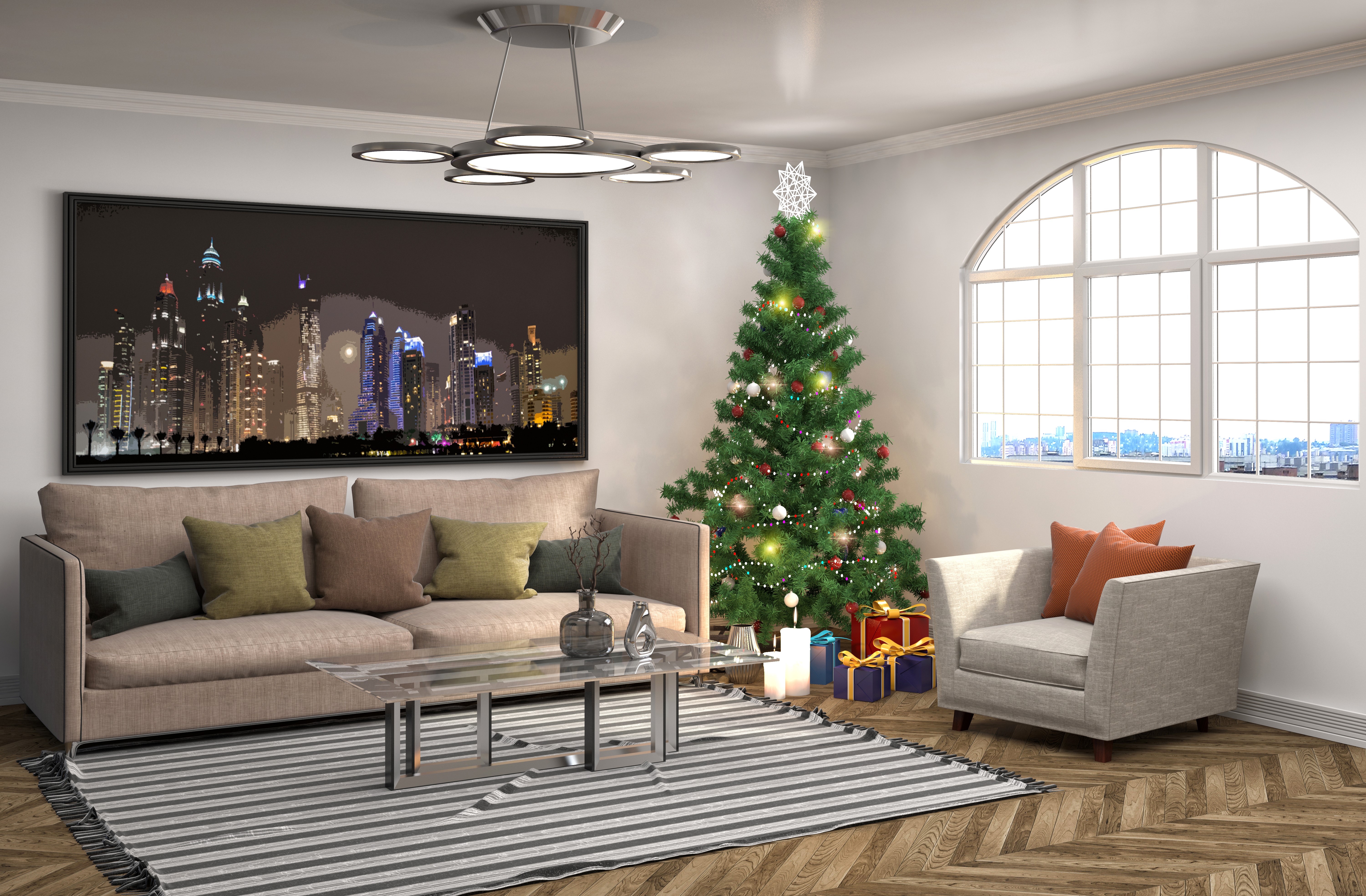 Living room with Christmas tree and city skyline painting HD Wallpaper