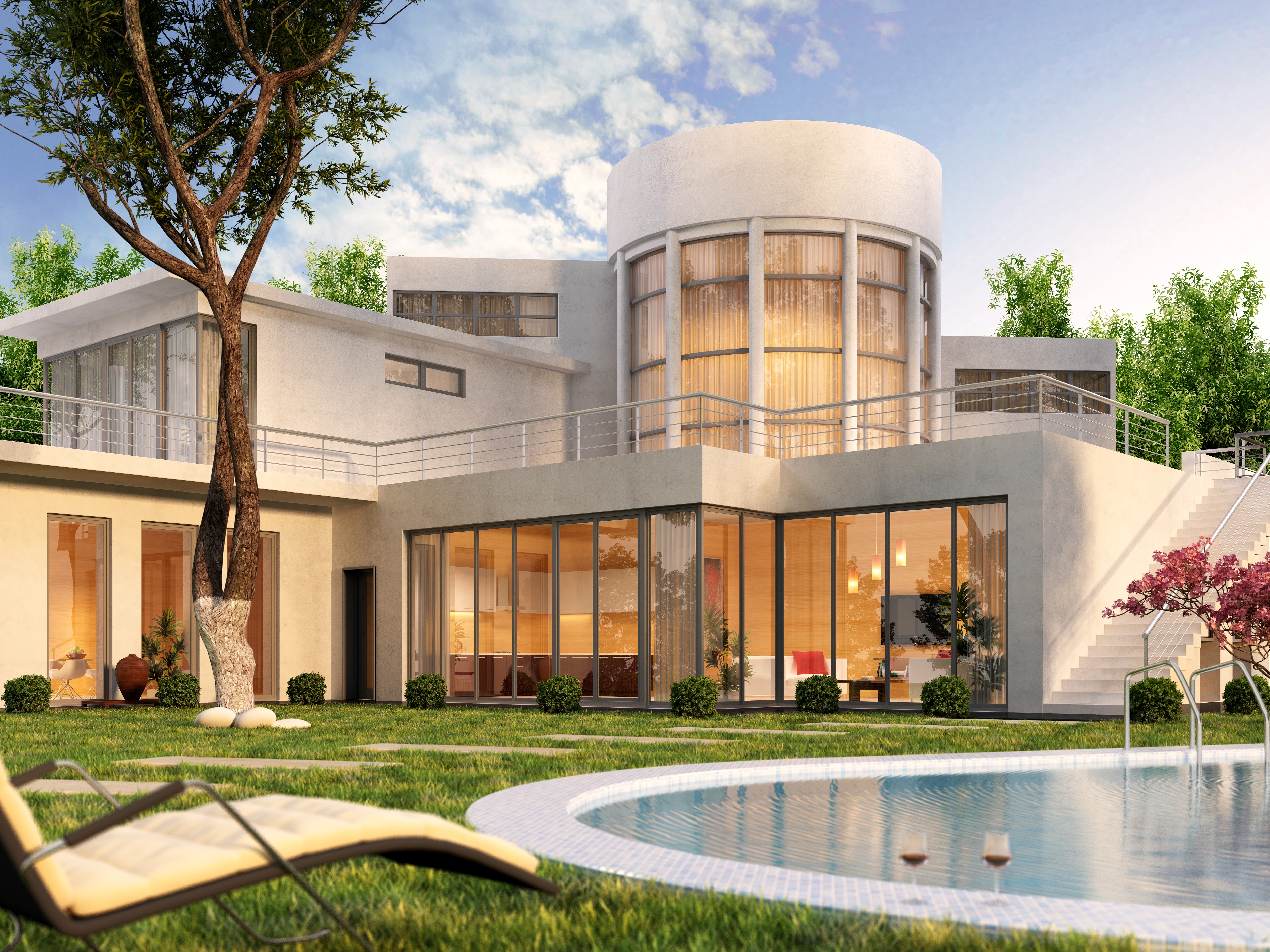 Modern Mansion with Pool and Trees HD Wallpaper
