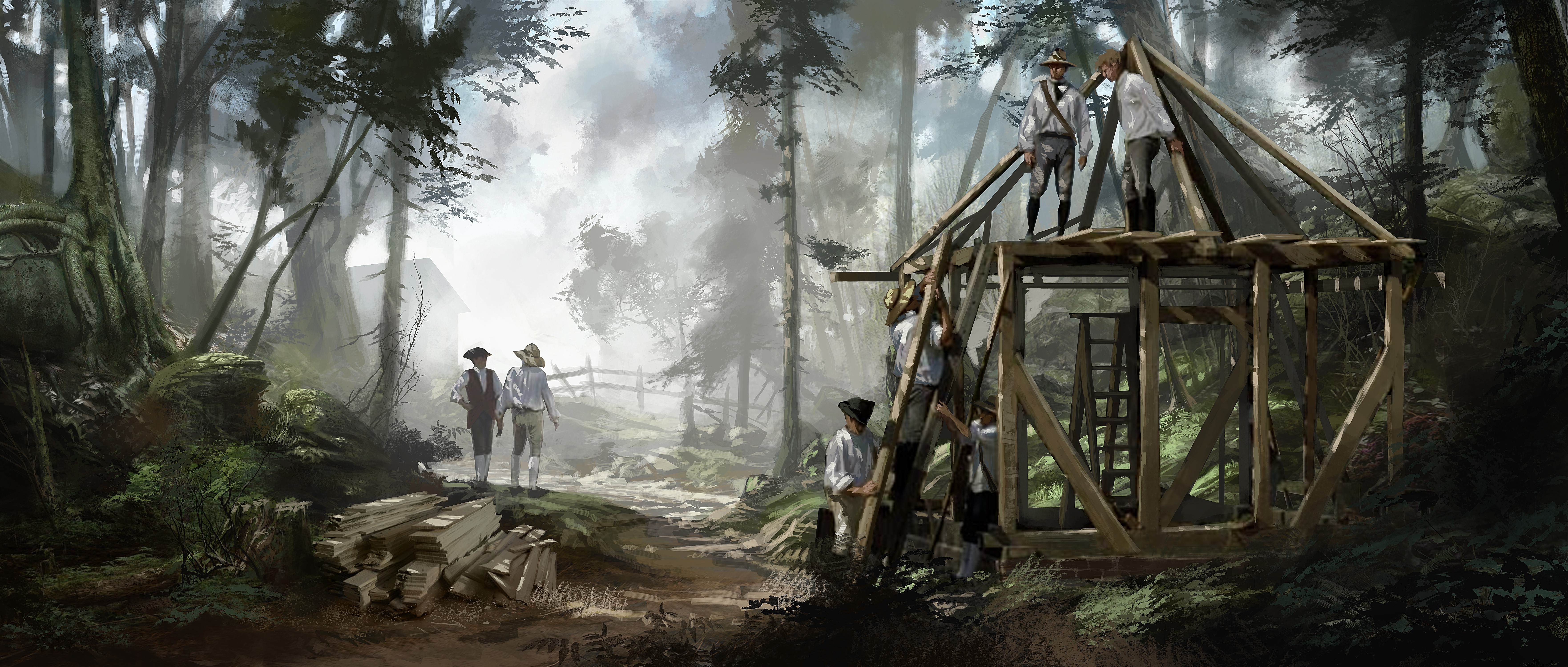 Men building a structure in a forest, Assassin's Creed 3 HD Wallpaper