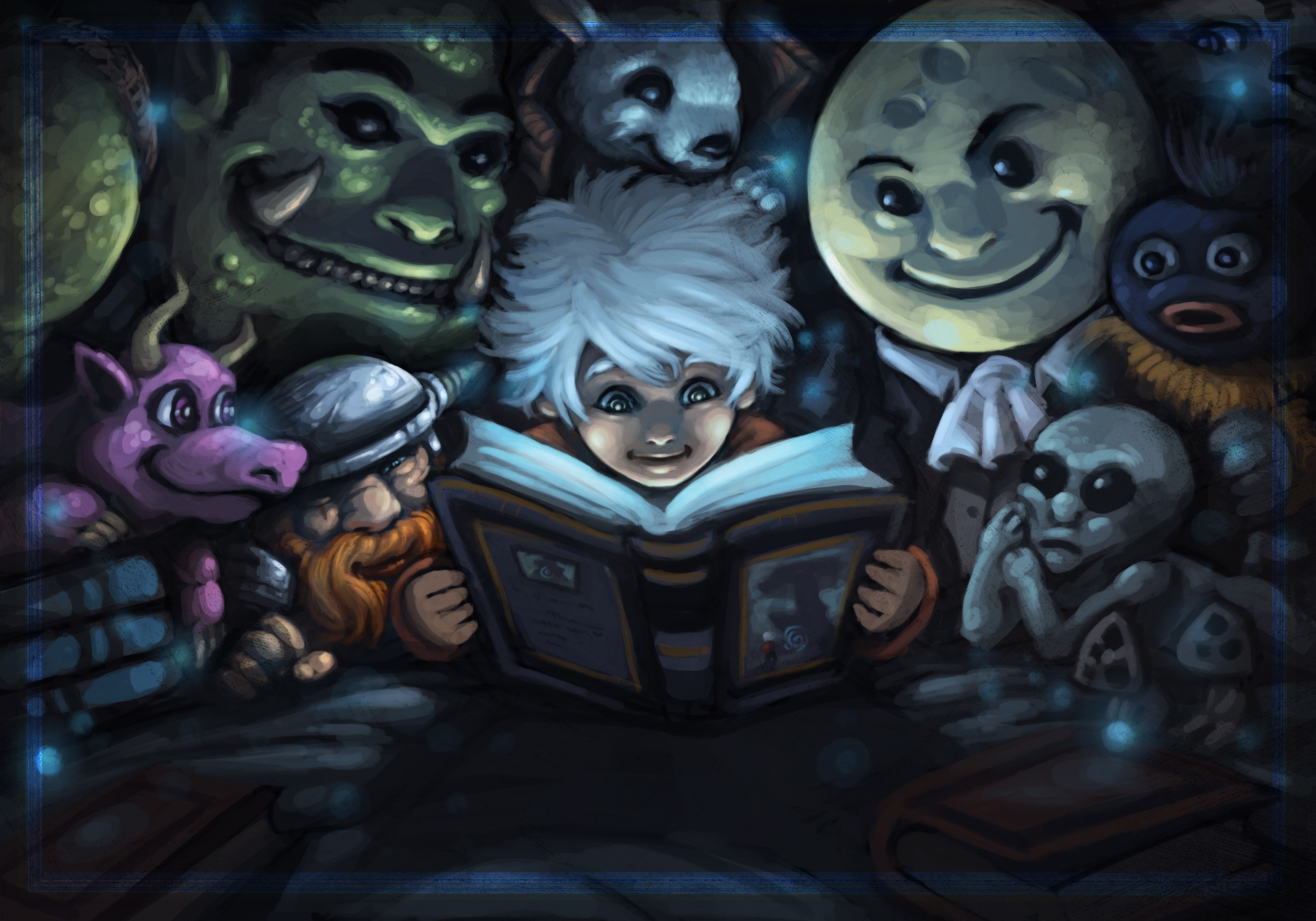 Boy reading a book surrounded by monsters HD Wallpaper