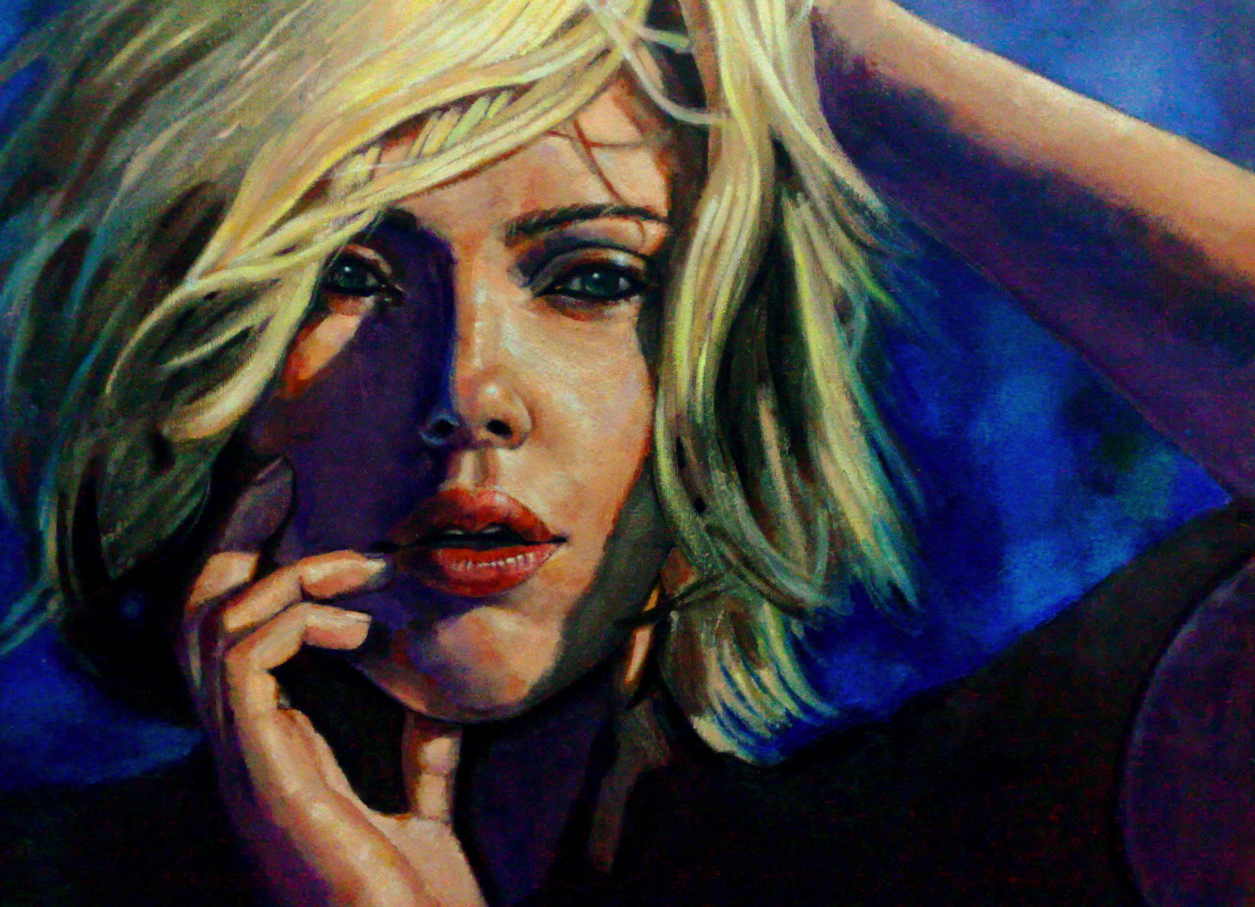 Painting of Scarlett Johansson with blonde hair HD Wallpaper