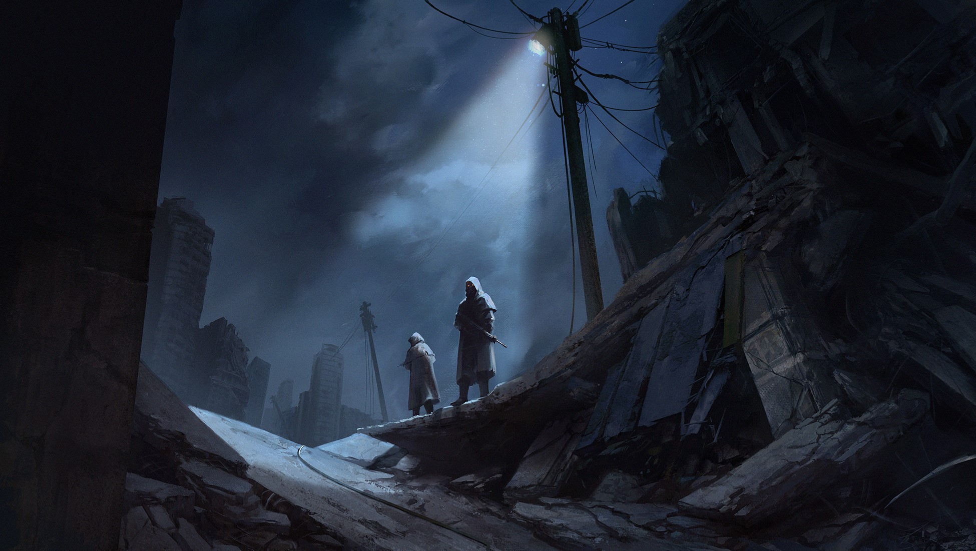 Two figures in a destroyed city at night HD Wallpaper