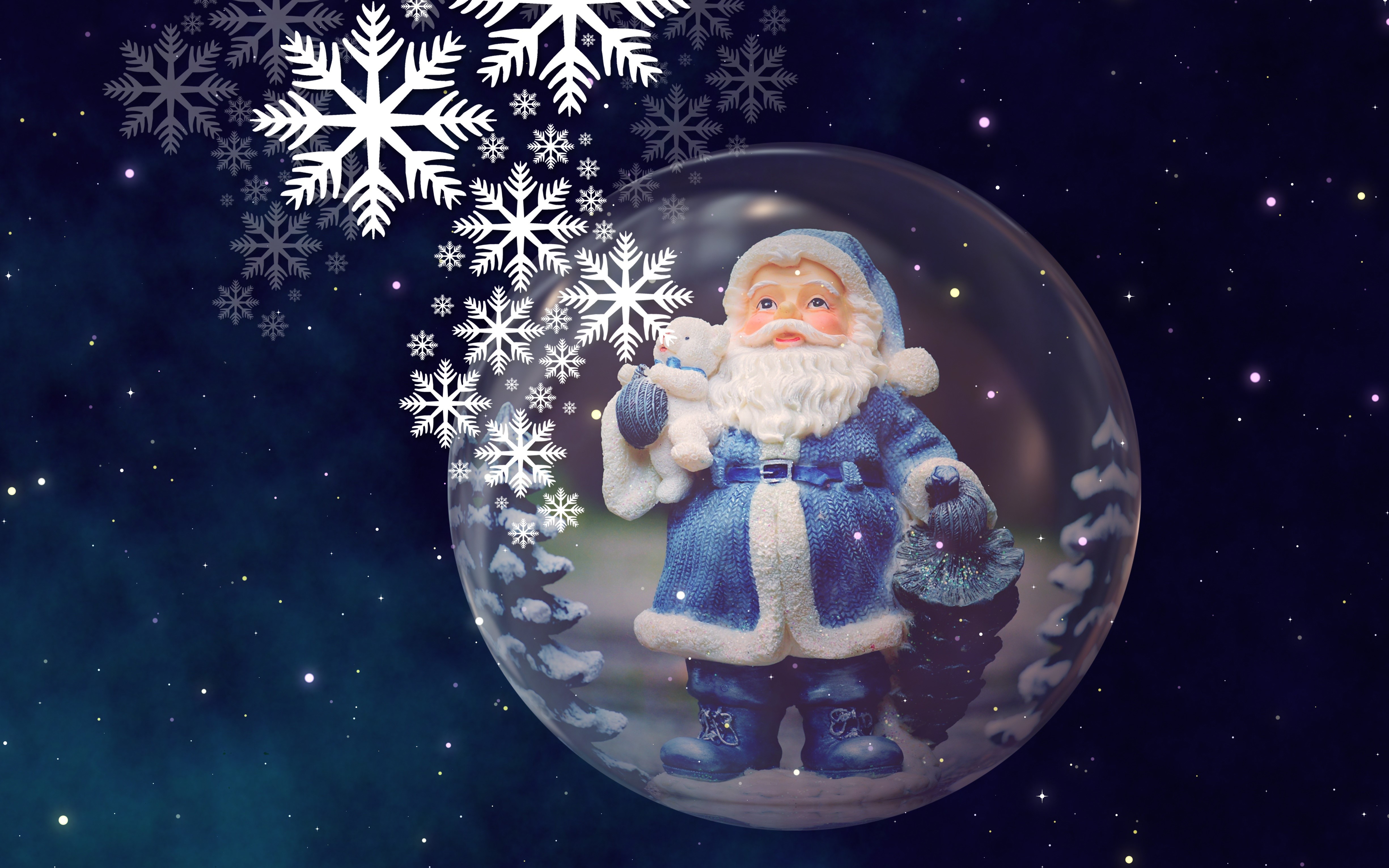 Santa Claus in a snow globe with snowflakes HD Wallpaper
