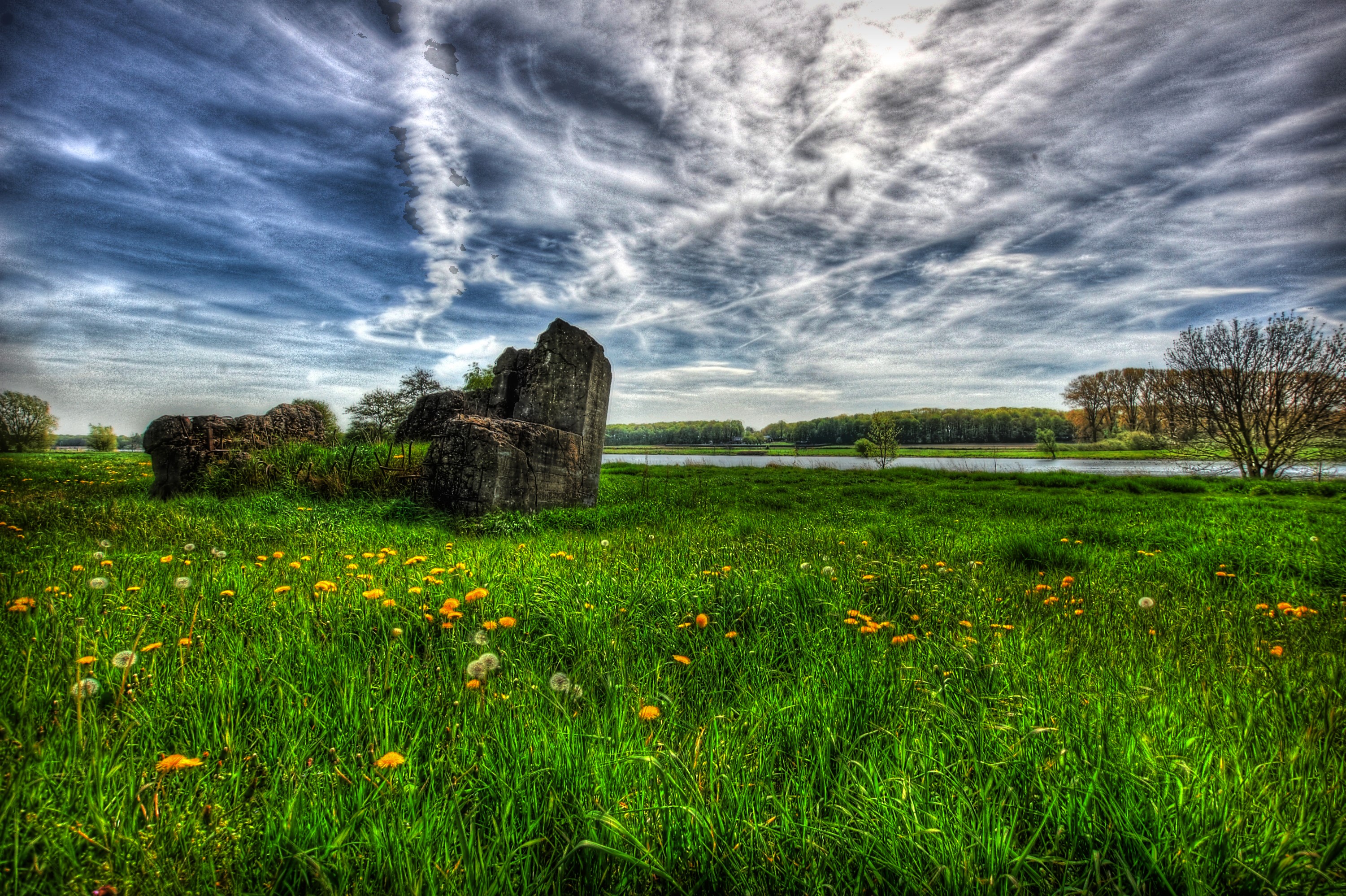Ruins in a field of dandelions under a cloudy sky HD Wallpaper