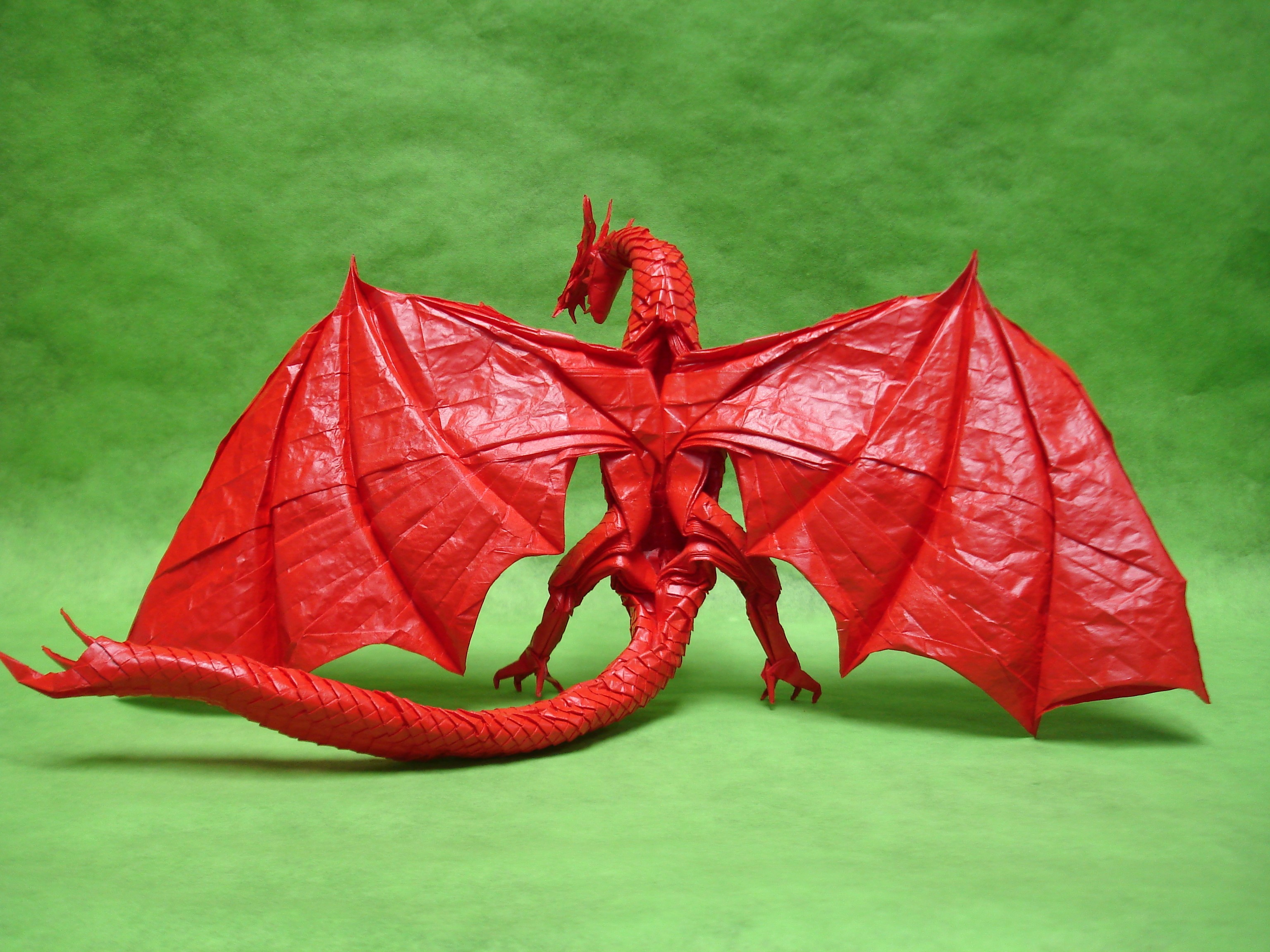 Red origami dragon with wings spread HD Wallpaper