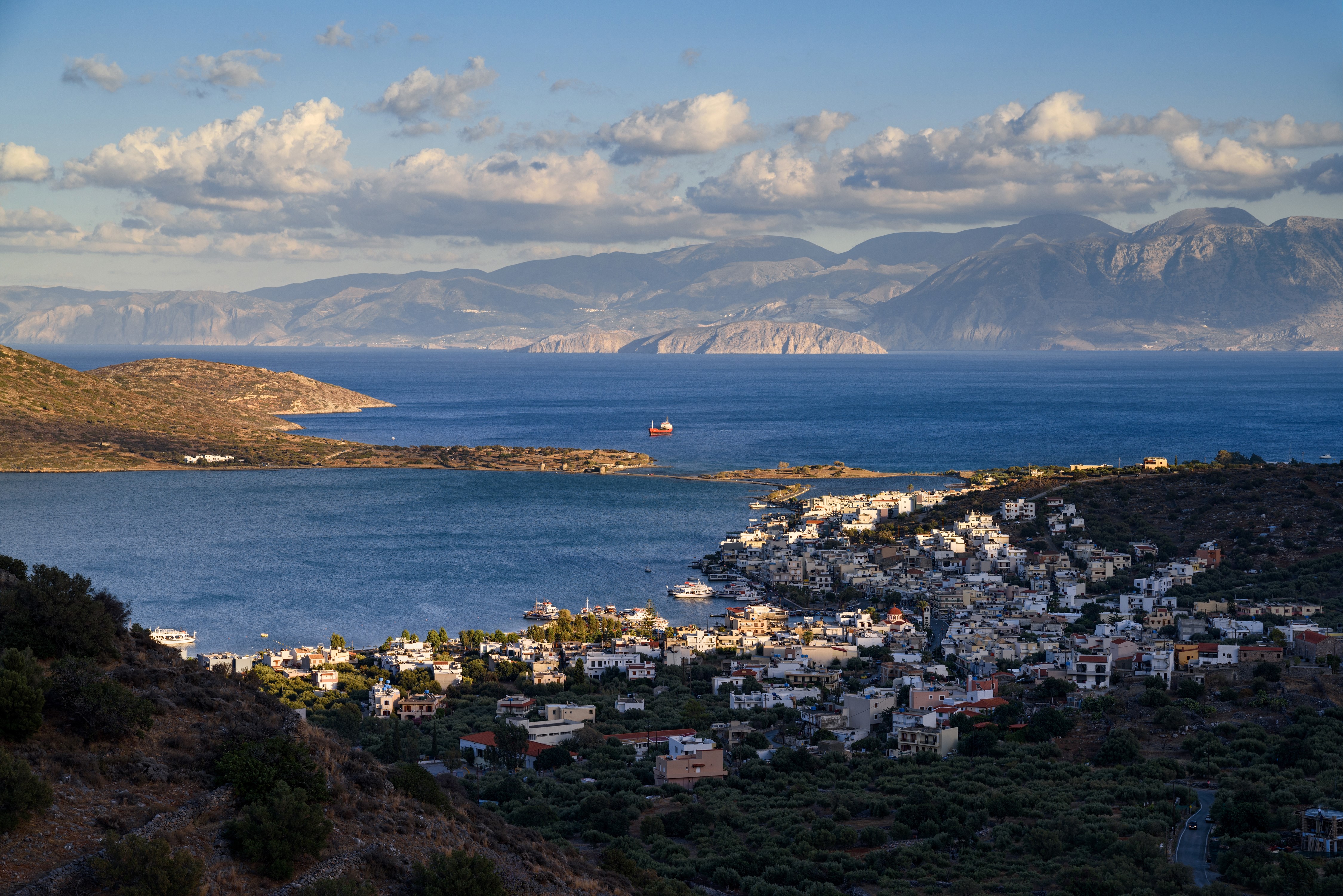 Elounda, Greece: Houses by the Sea with Mountains HD Wallpaper