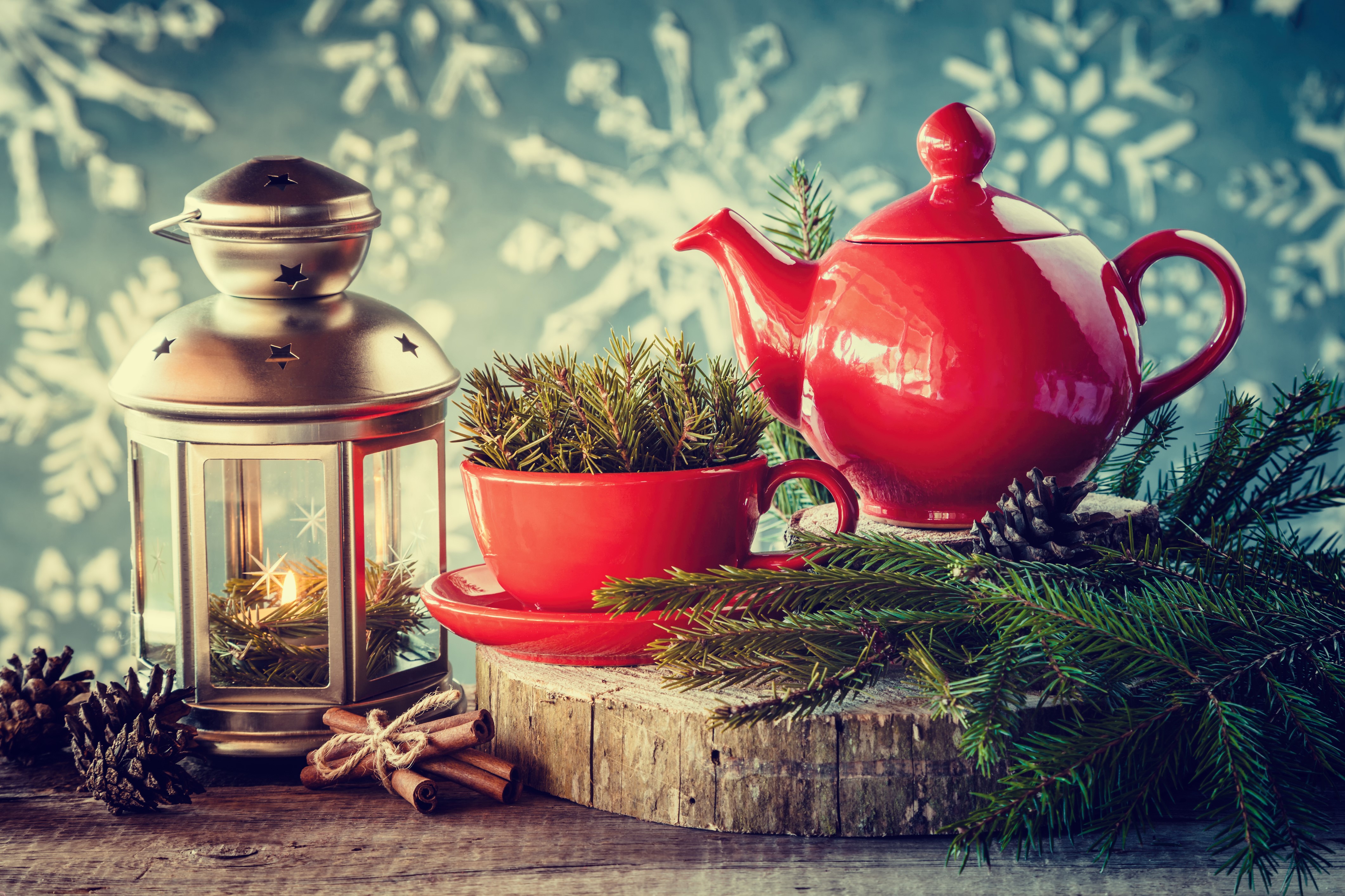 Christmas still life with red teapot, lantern, and cinnamon HD Wallpaper