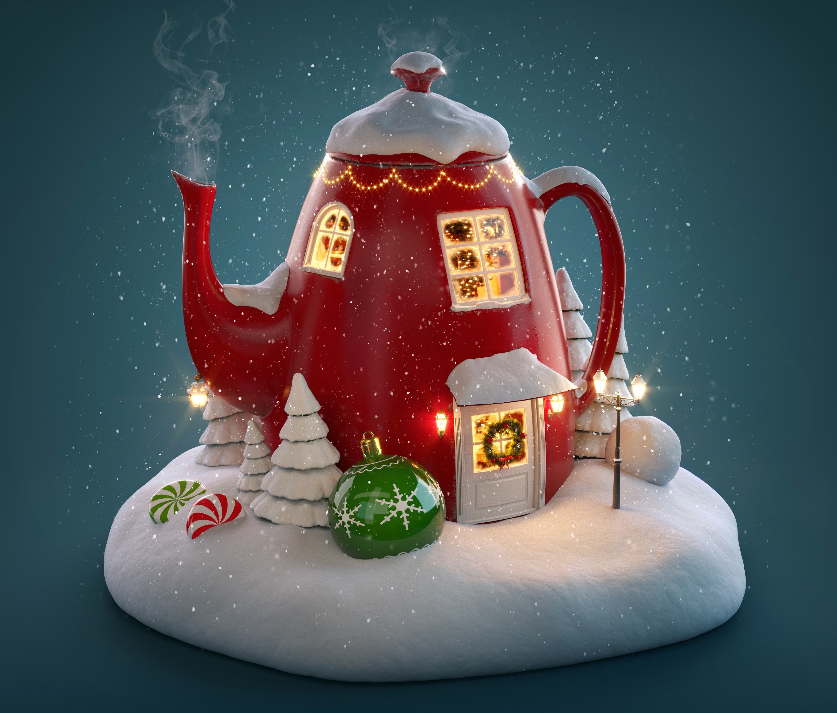Christmas teapot house with snow and decorations HD Wallpaper