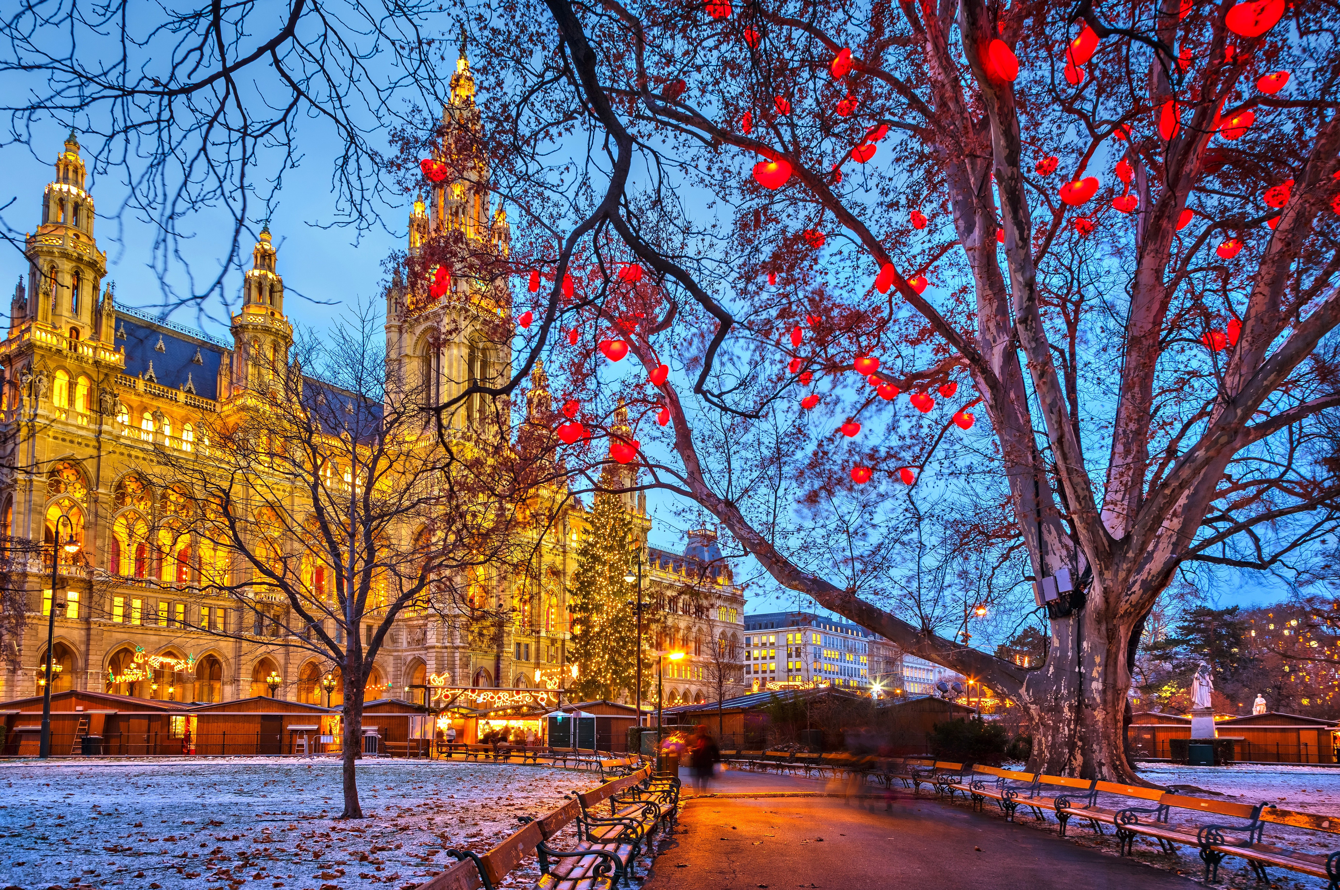 Vienna Christmas Market at Evening with City Hall HD Wallpaper