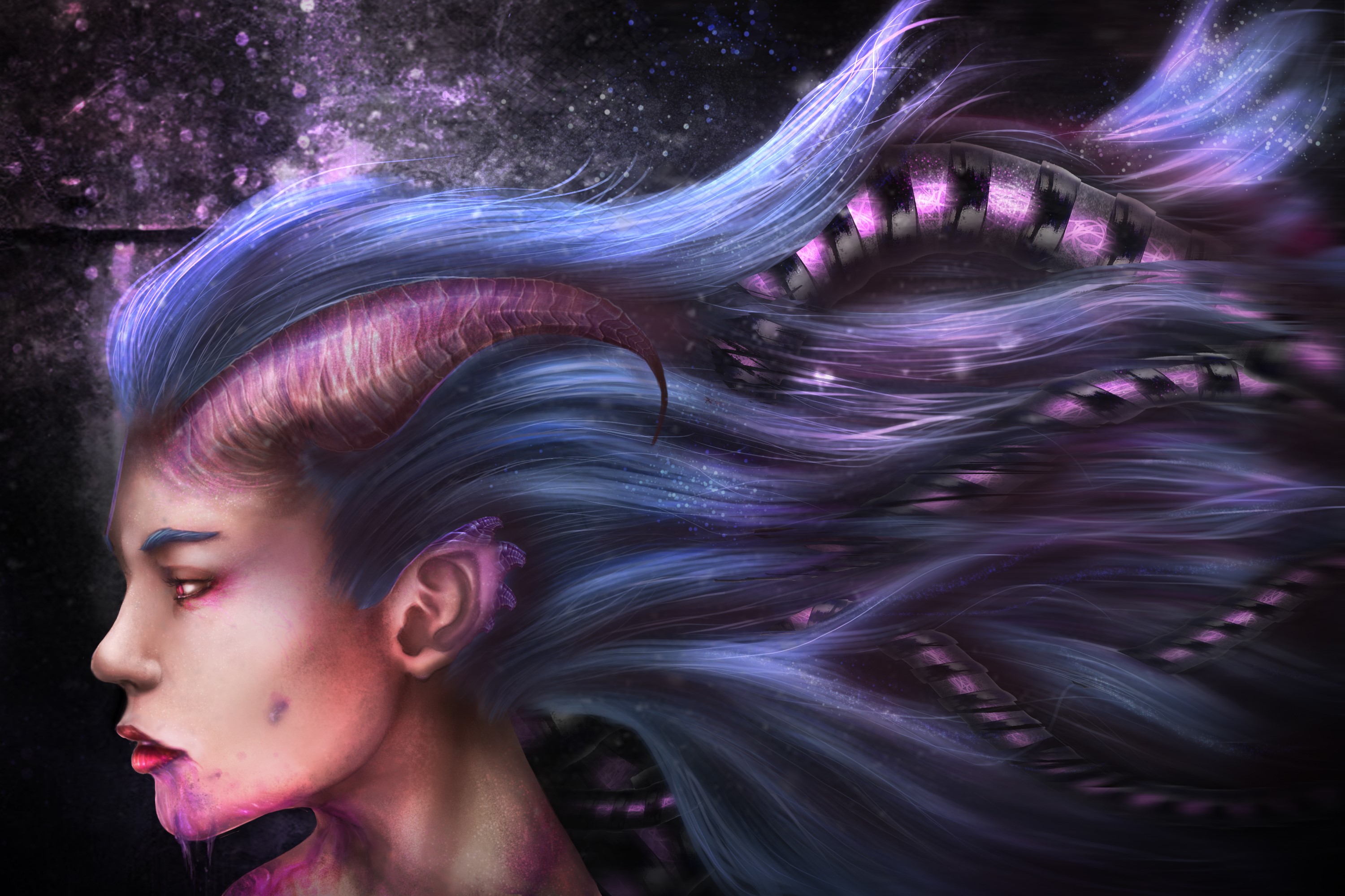 Demon with blue hair and horns HD Wallpaper