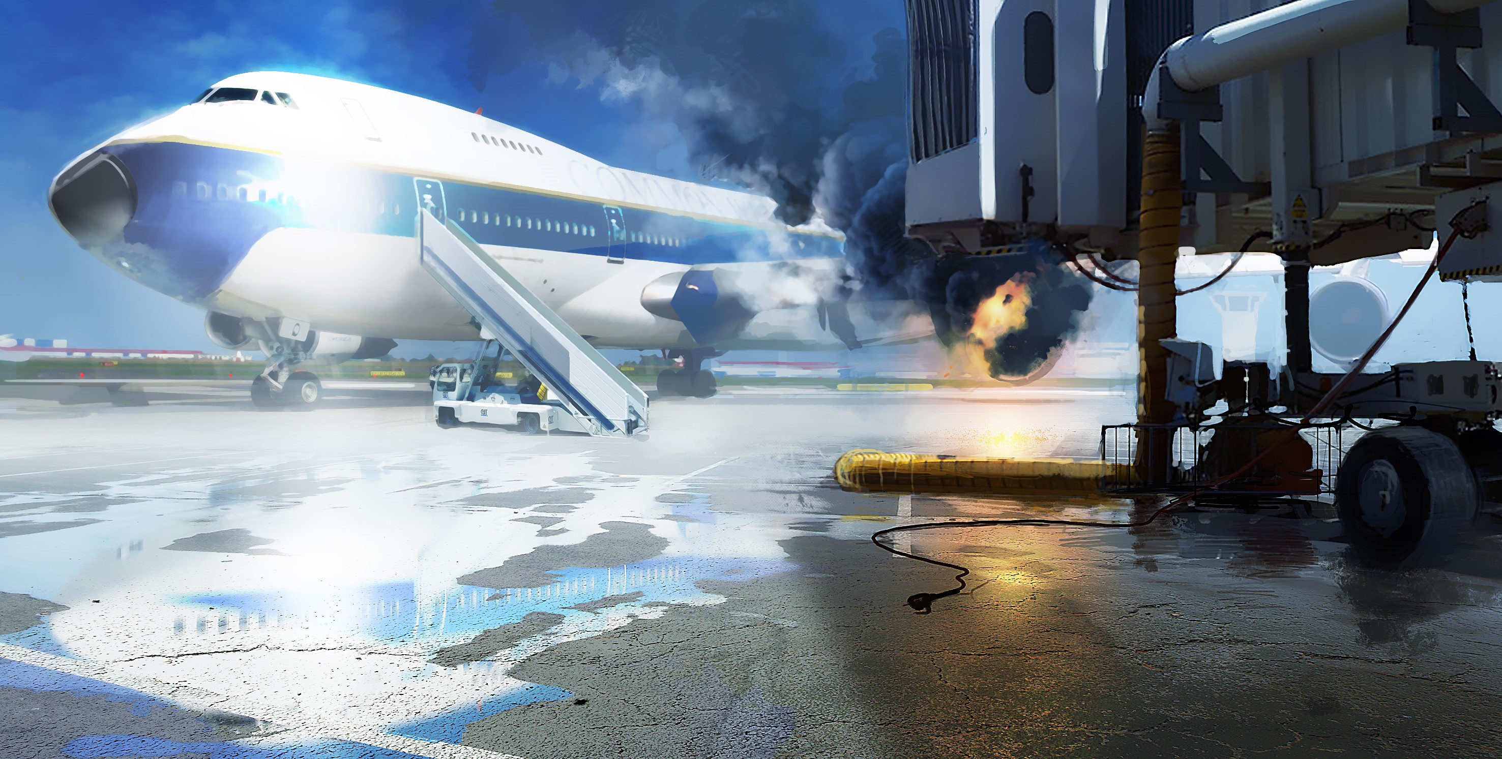 Airplane on fire at airport gate HD Wallpaper