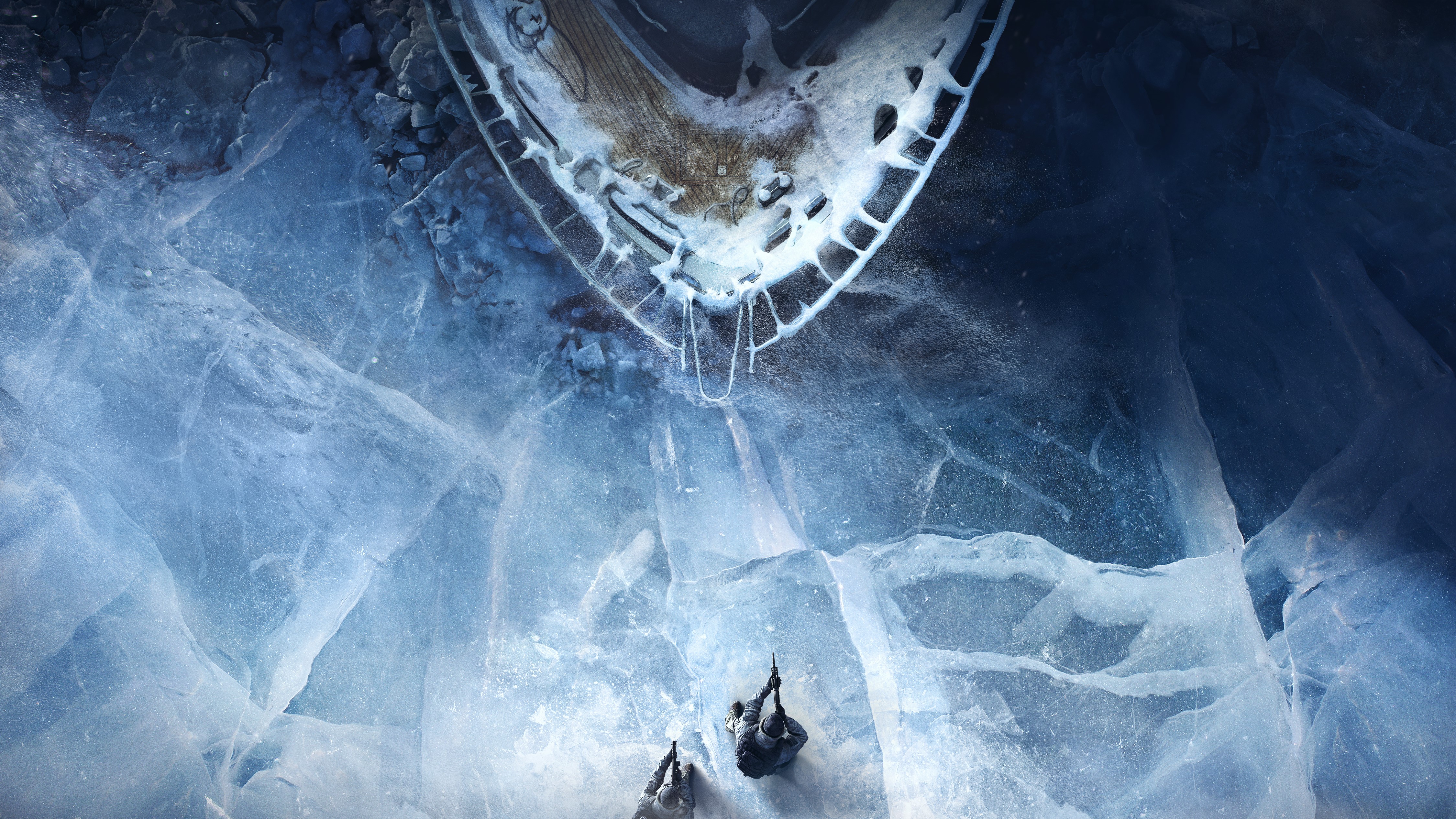 Soldiers near a ship trapped in ice HD Wallpaper