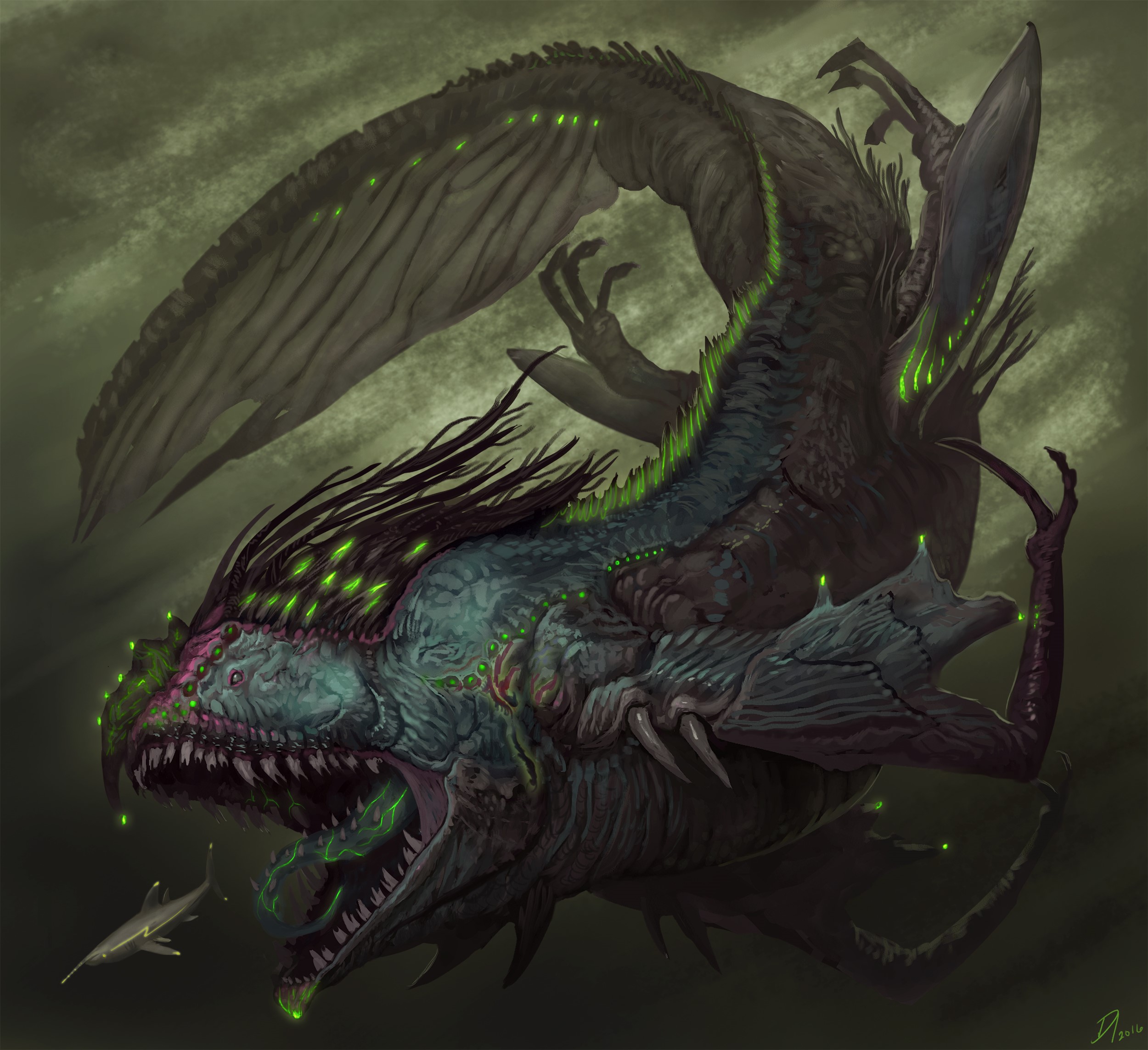 Monstrous sea creature with glowing green eyes and fins HD Wallpaper