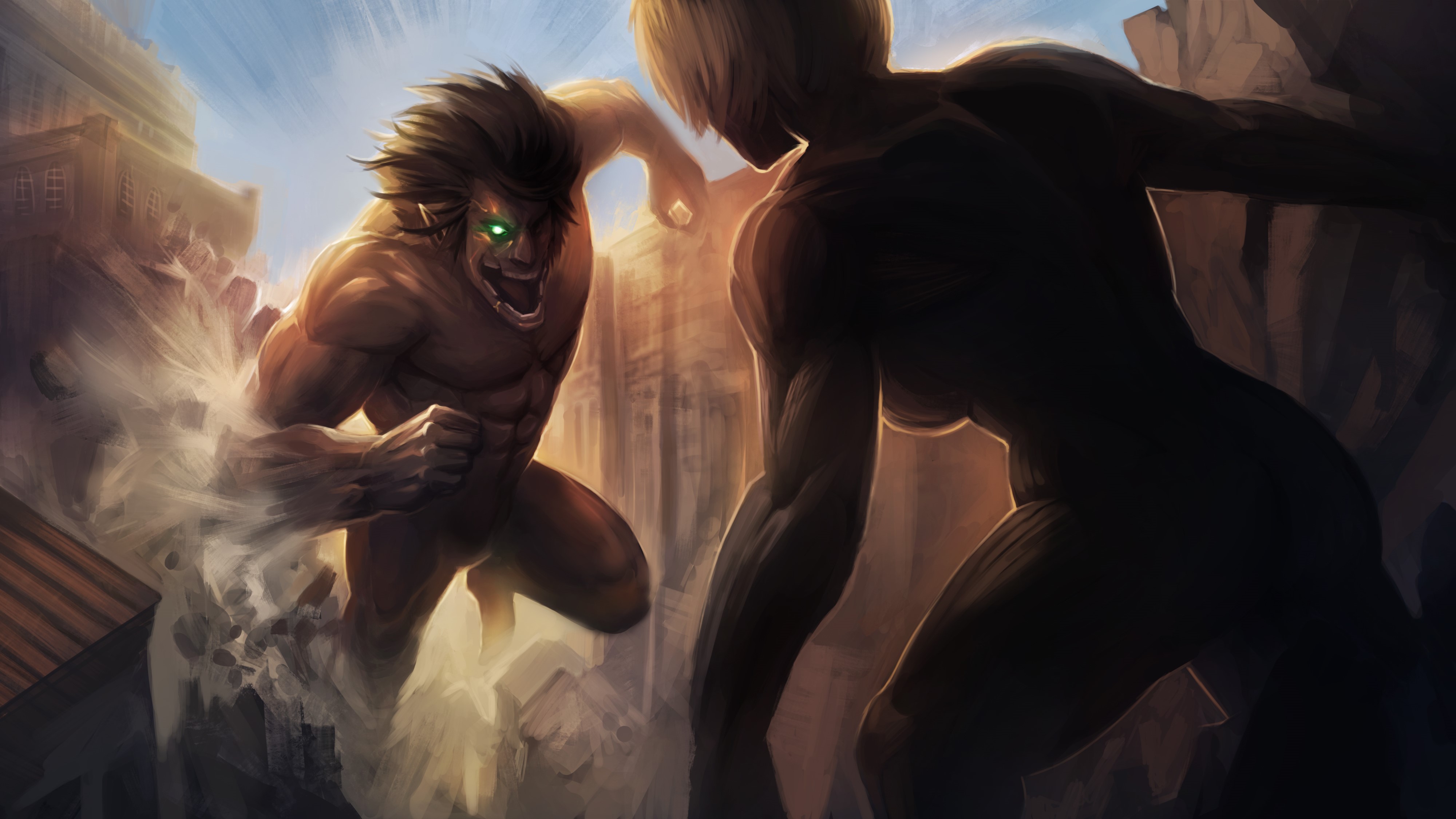 Two Titans fighting in a city HD Wallpaper