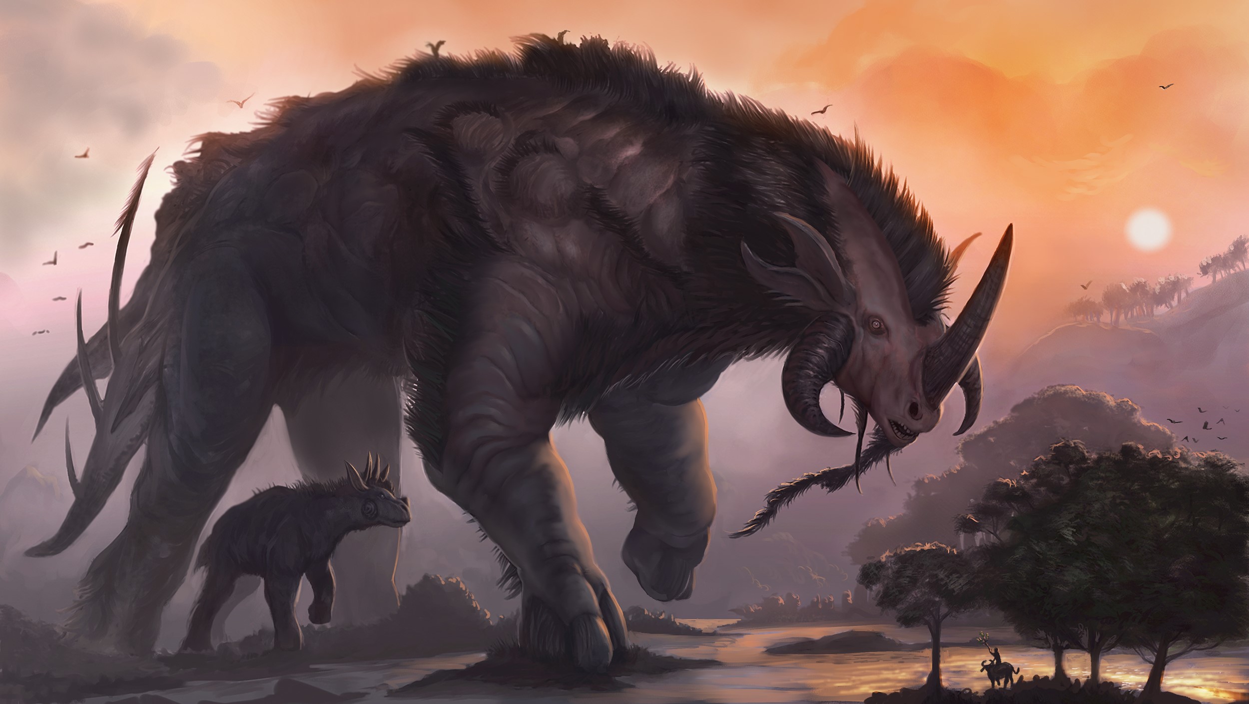 Giant furry monster and cub at sunset HD Wallpaper