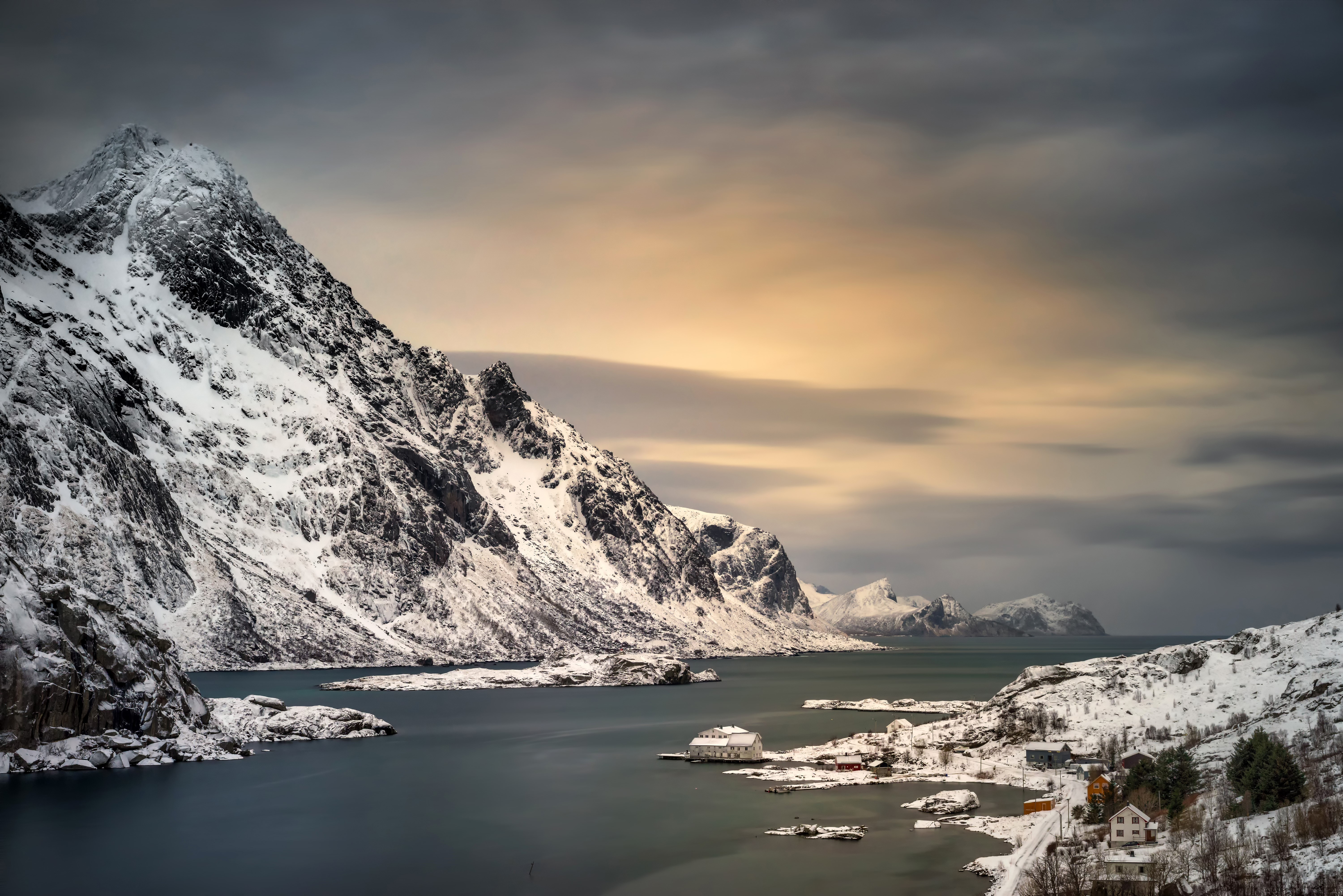 Maervoll village, Lofoten, Norway, Mountains, Snow HD Wallpaper