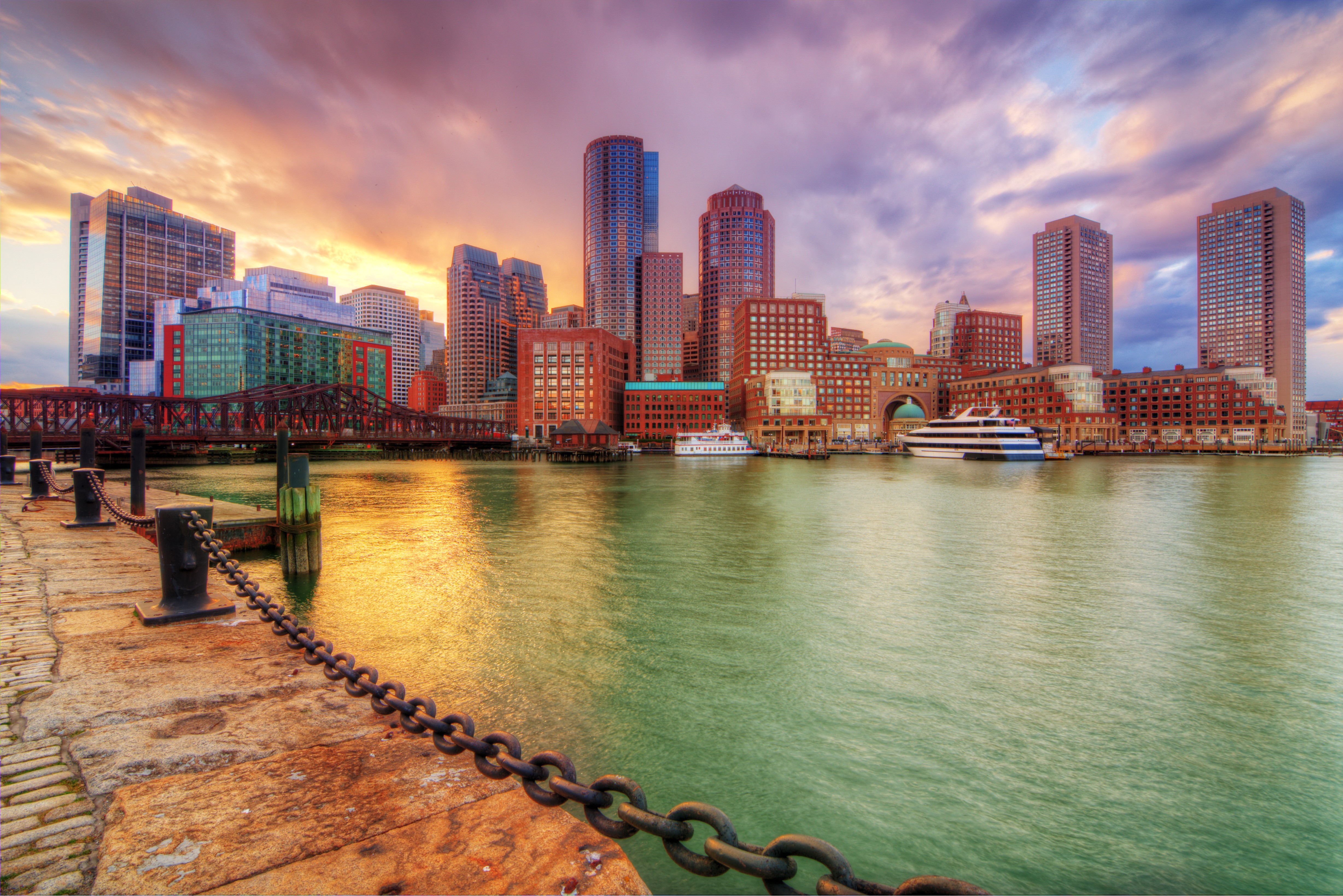 Boston Skyline at Dusk with Harbor and Bridge HD Wallpaper