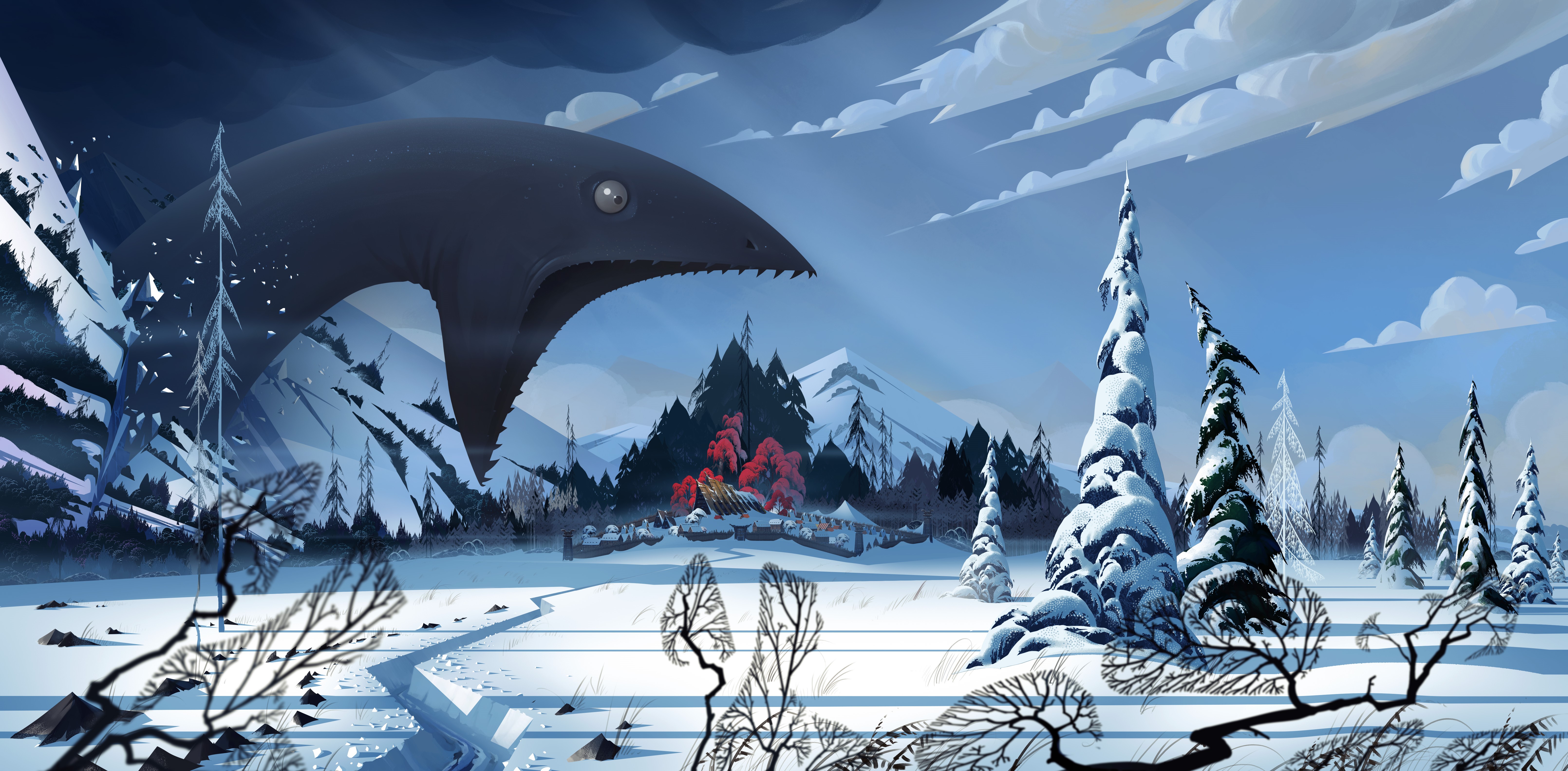 Monster in a snowy landscape with houses HD Wallpaper