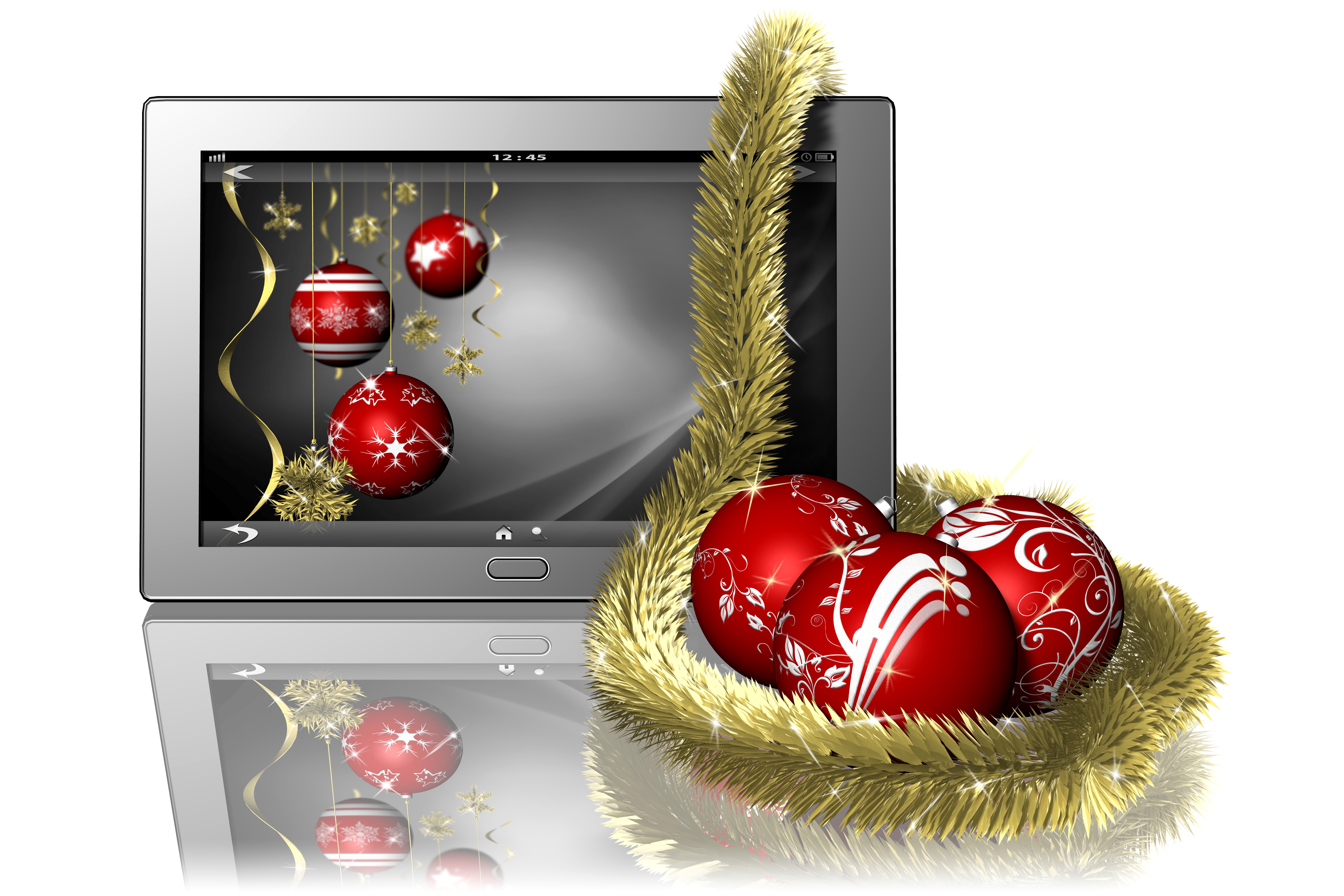 Tablet with Christmas ornaments and tinsel HD Wallpaper