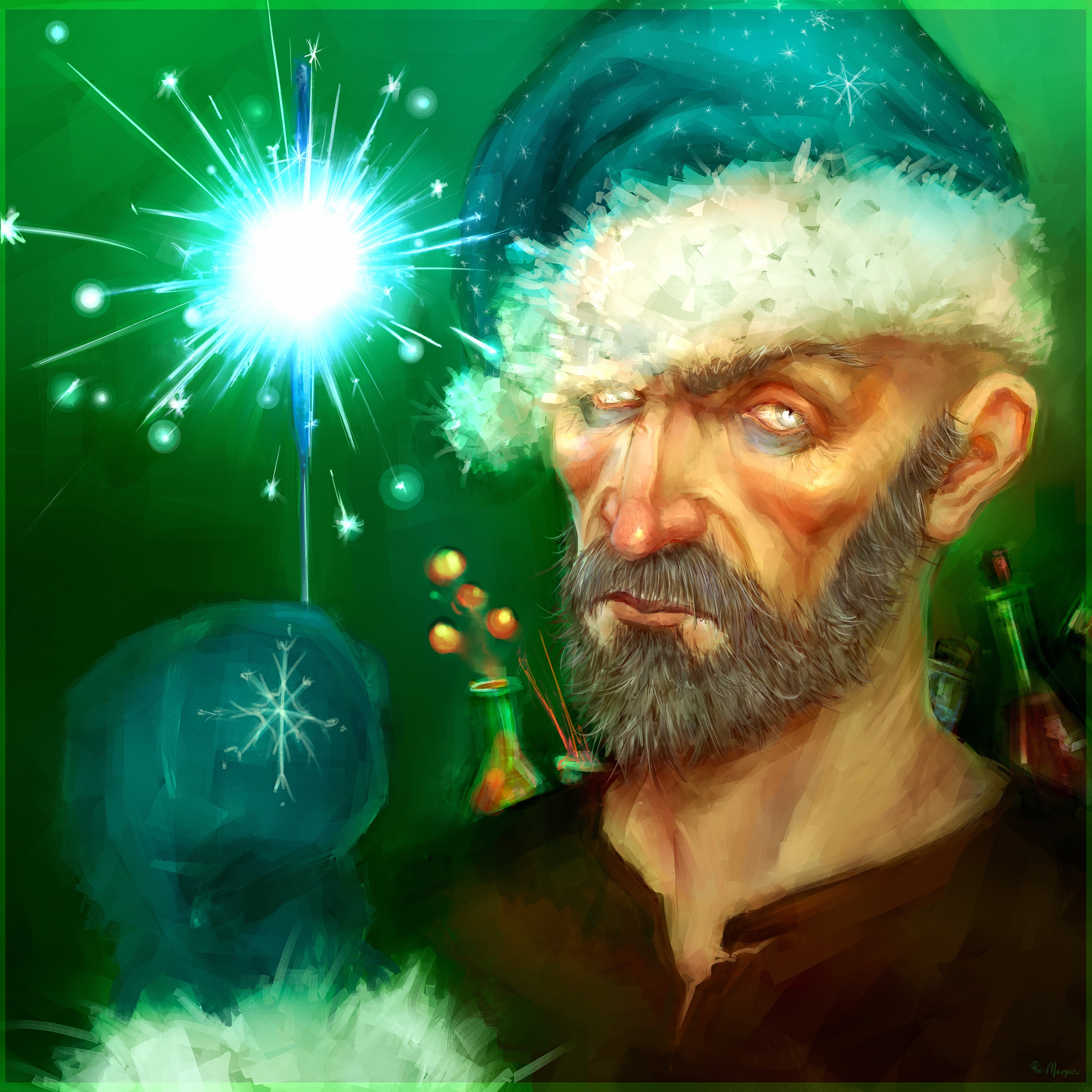 Man with Beard Wearing Santa Hat Holding Sparkler HD Wallpaper