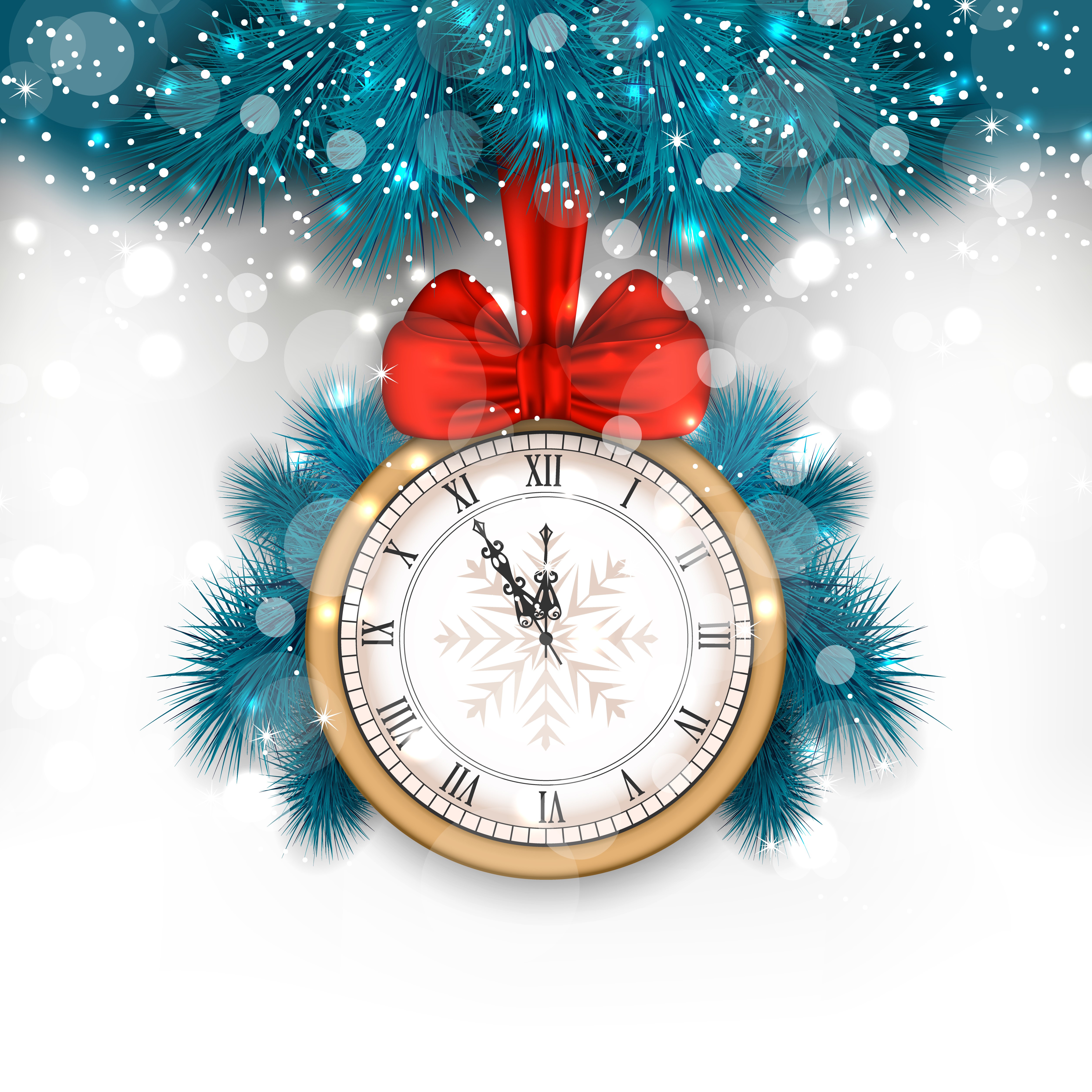 Christmas clock with red bow and pine branches HD Wallpaper