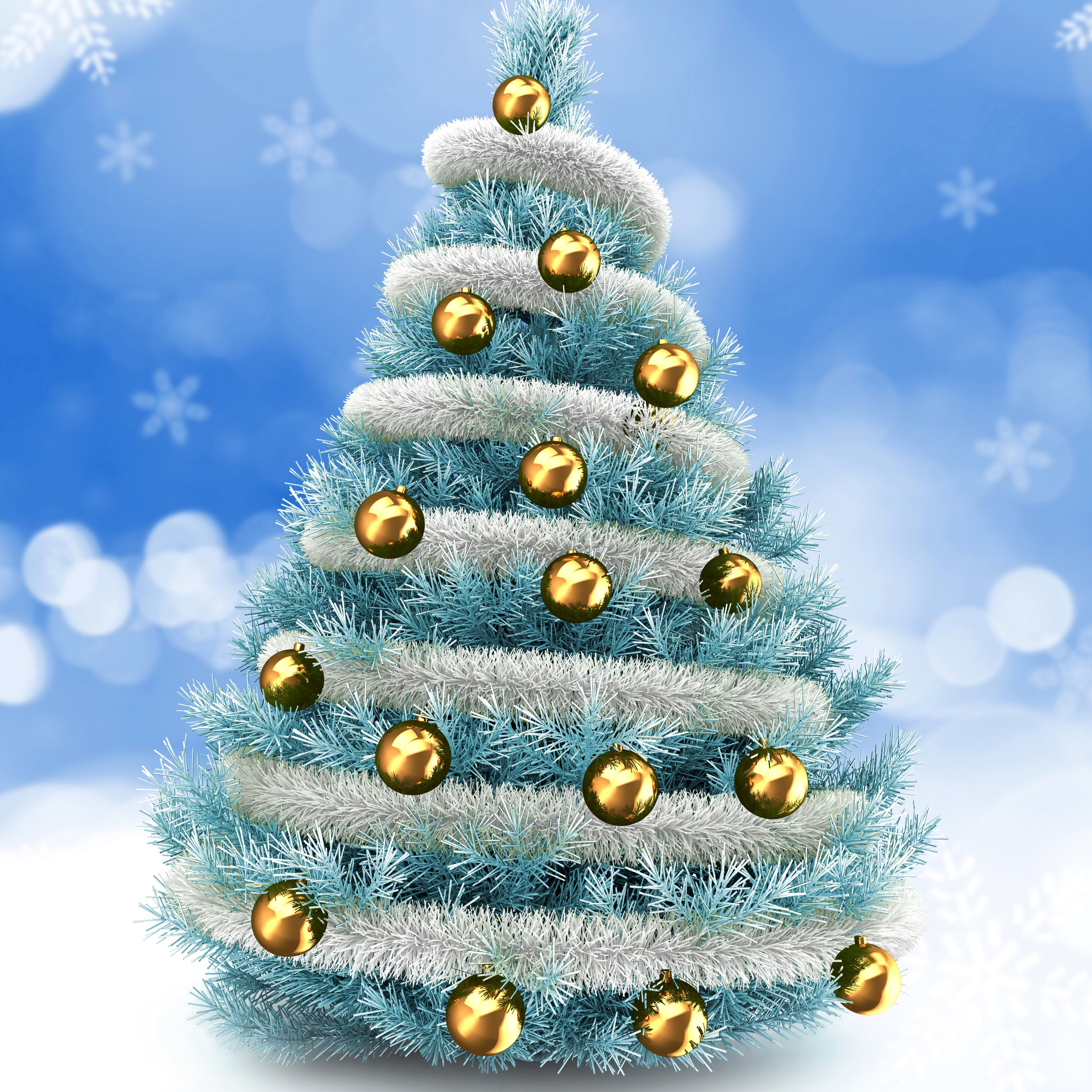 Blue Christmas tree with gold ornaments and tinsel HD Wallpaper