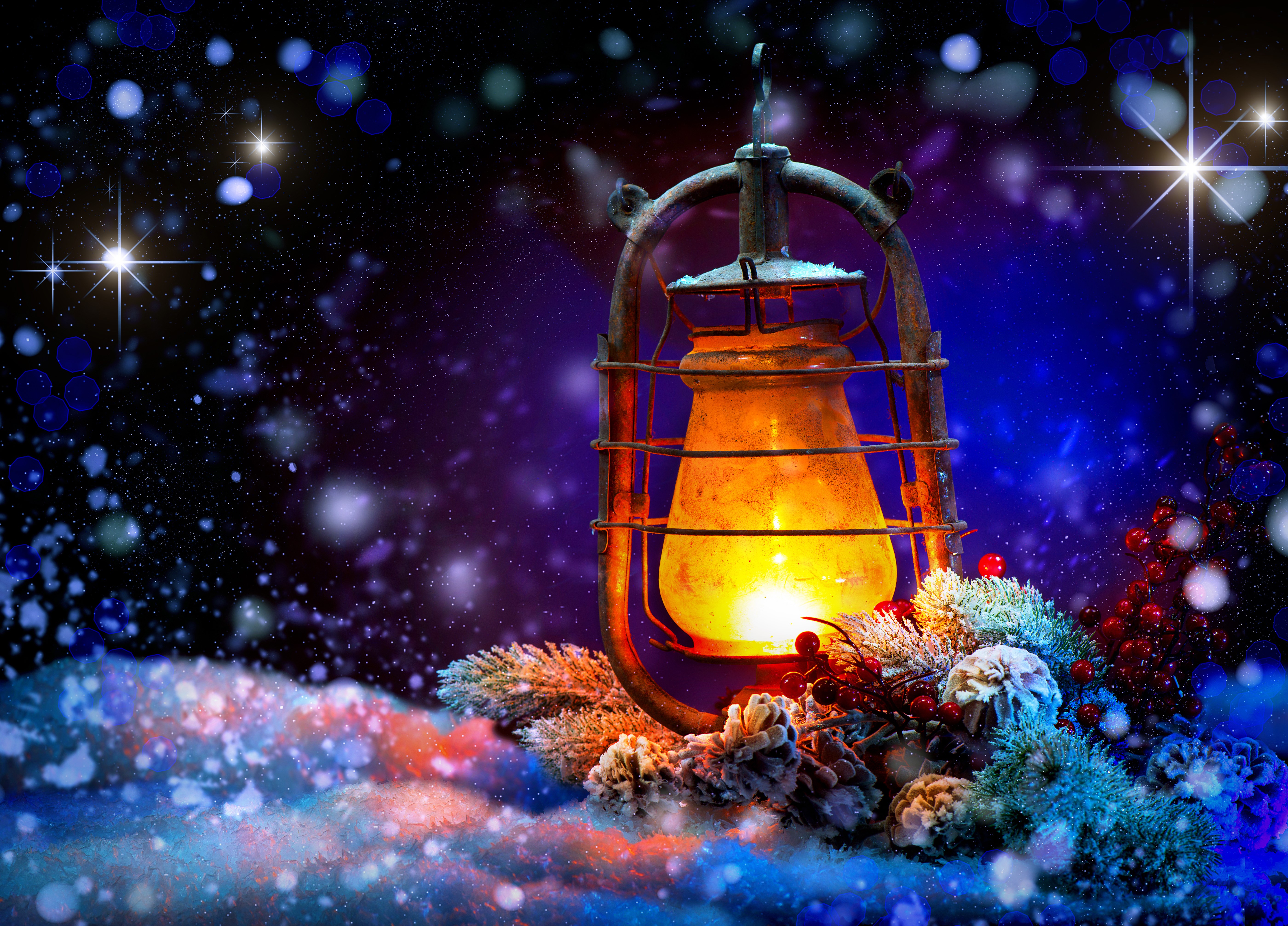 Christmas lantern with snow and stars HD Wallpaper