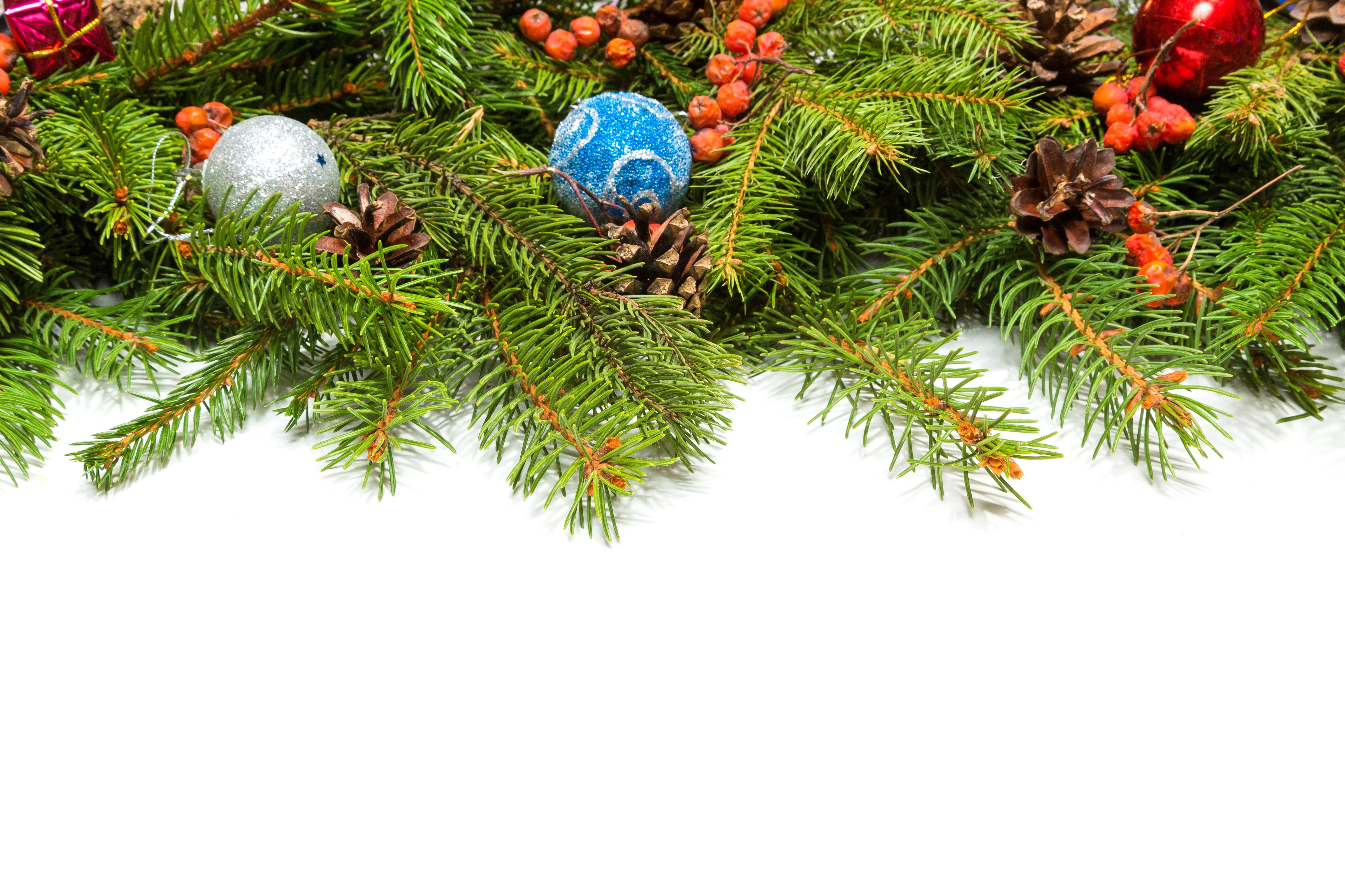 Christmas branches with ornaments and pine cones HD Wallpaper