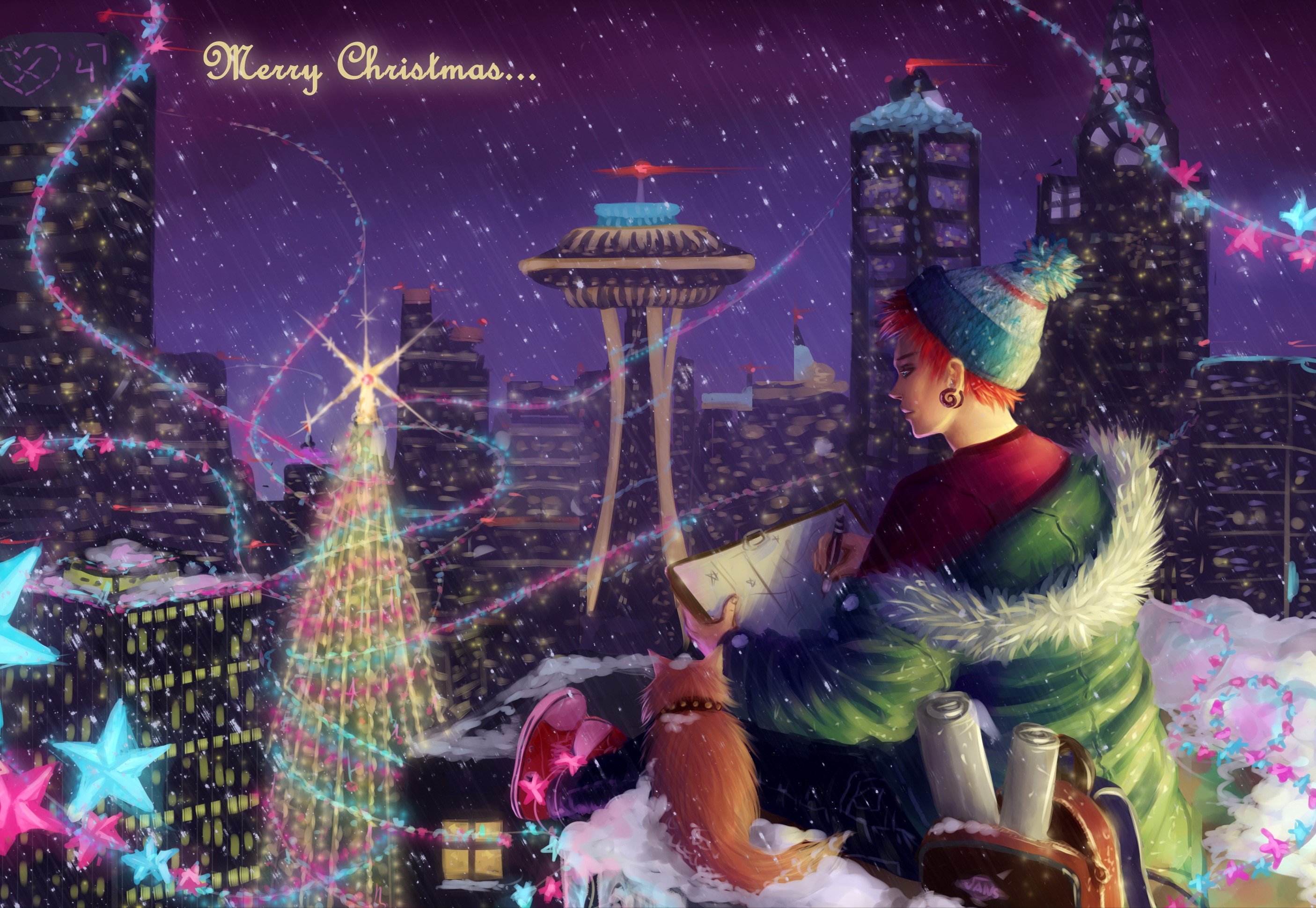 Person and cat on rooftop overlooking city at Christmas HD Wallpaper