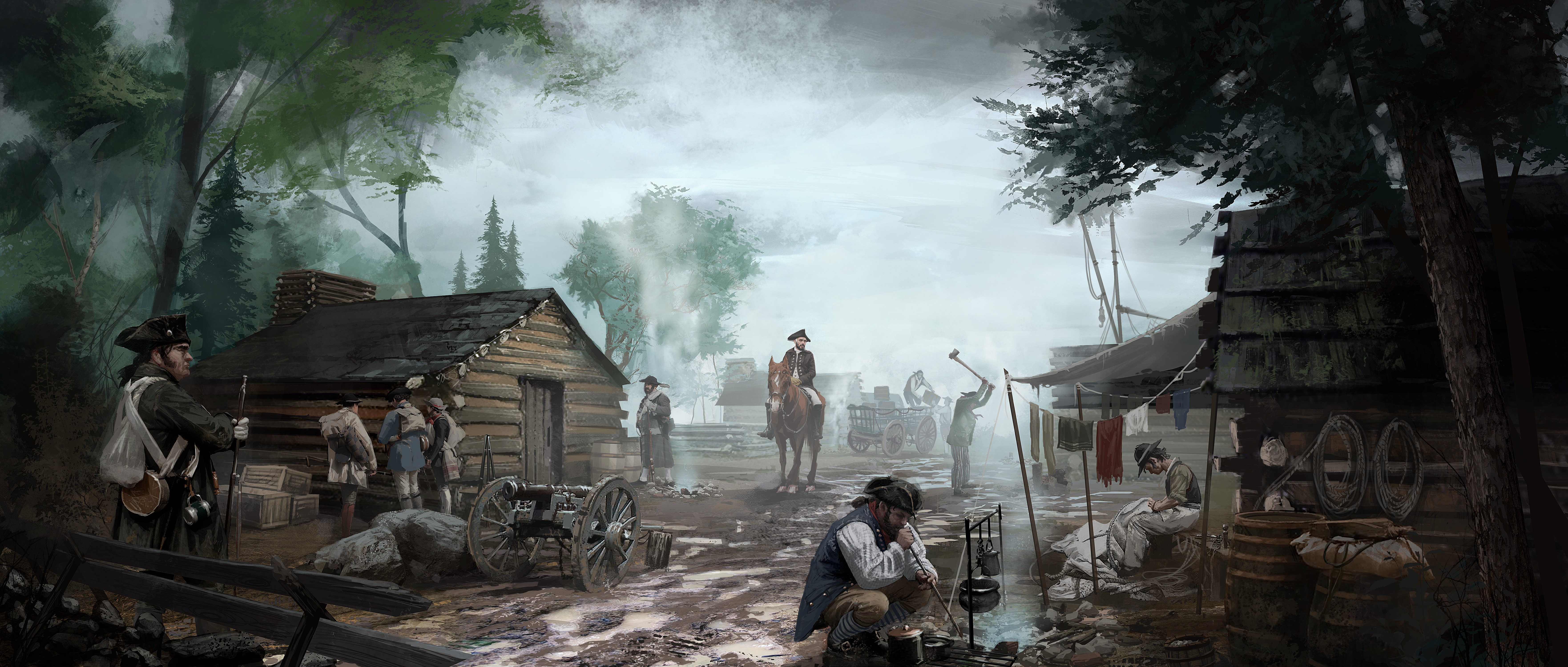 Assassin's Creed 3 Soldiers at a Camp with Cannon HD Wallpaper