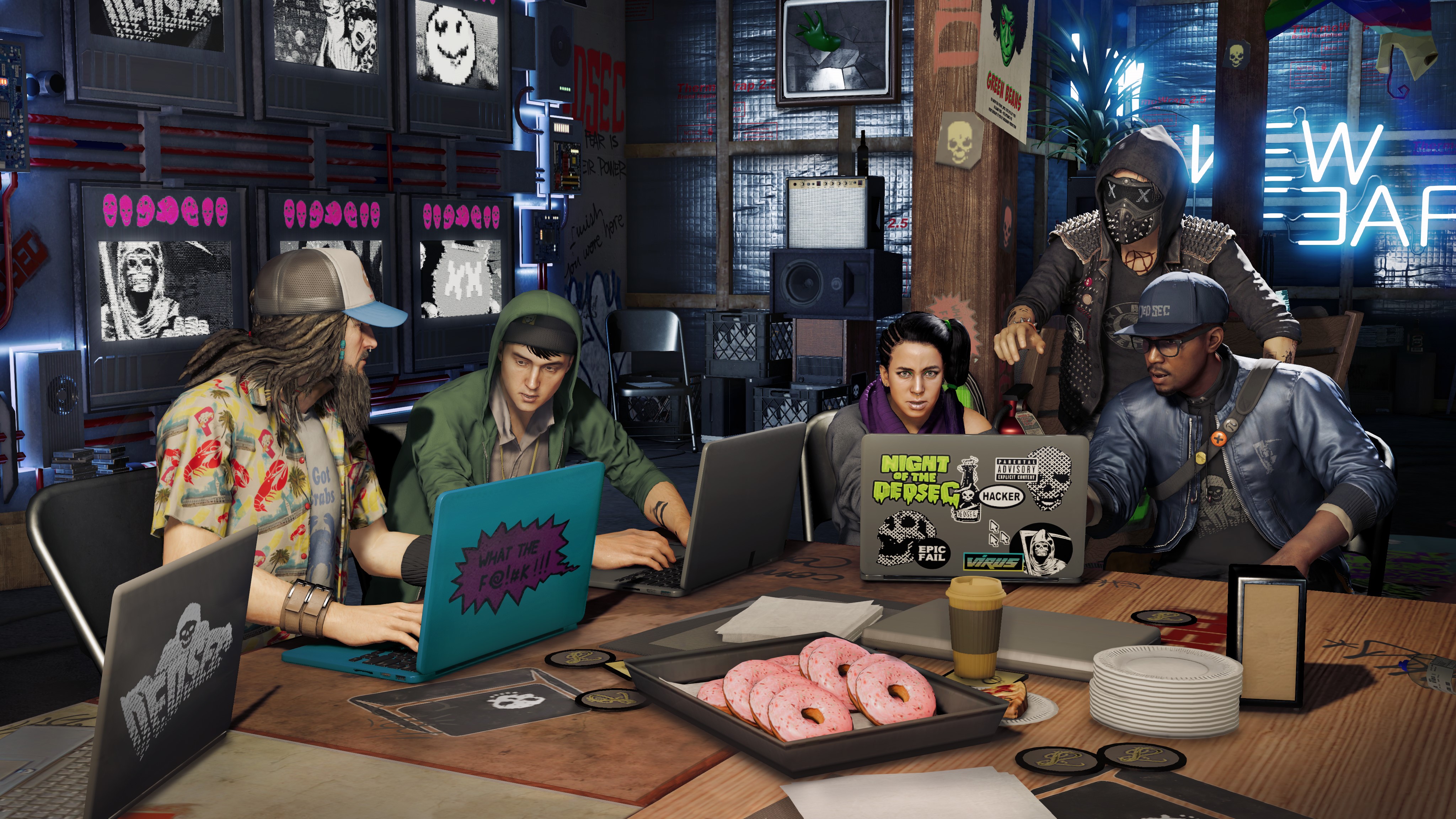 4K Watch Dogs 2 Hackers with Laptops and Donuts HD Wallpaper