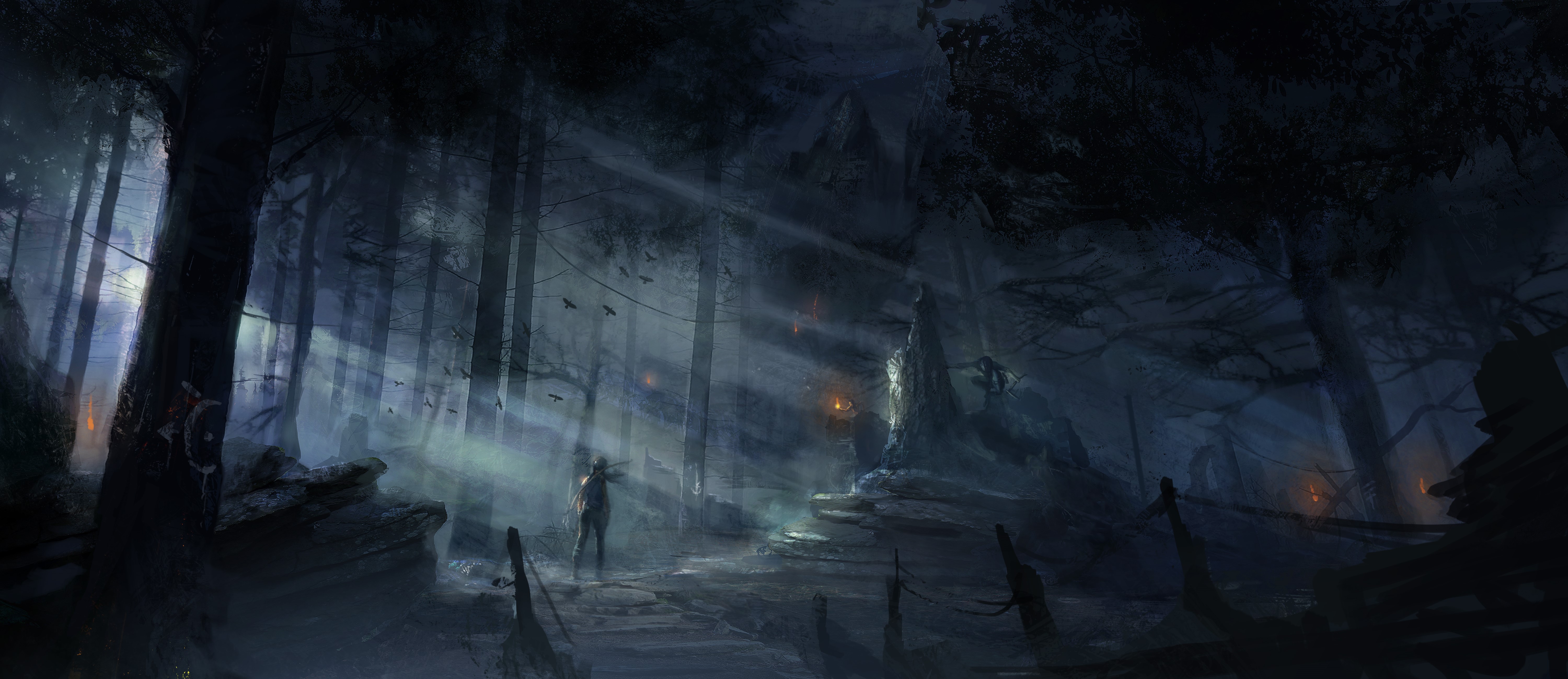 Lara Croft from Tomb Raider 2013 in a dark forest at night HD Wallpaper