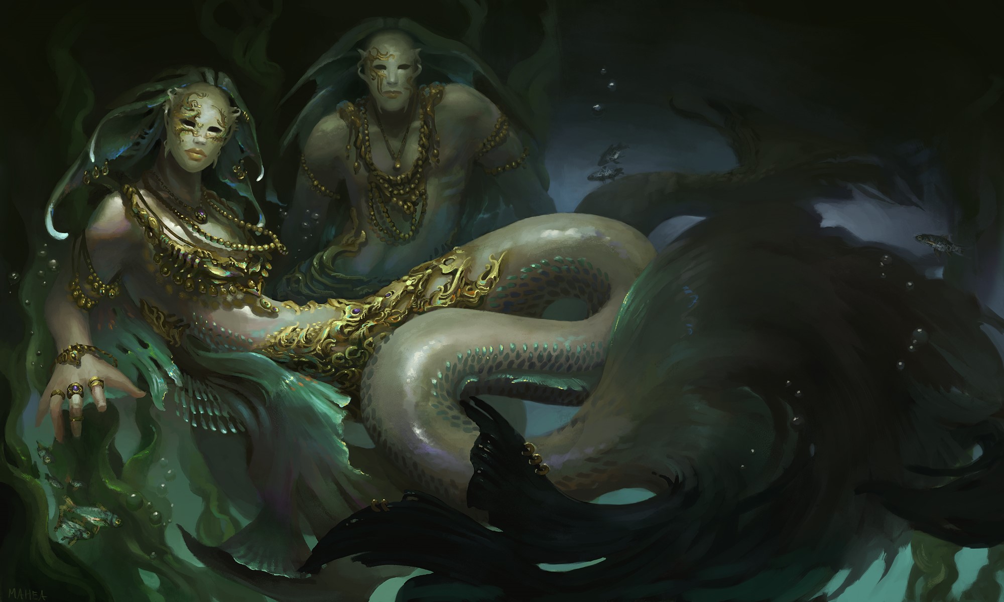 Two merfolk with masks and gold jewelry underwater HD Wallpaper