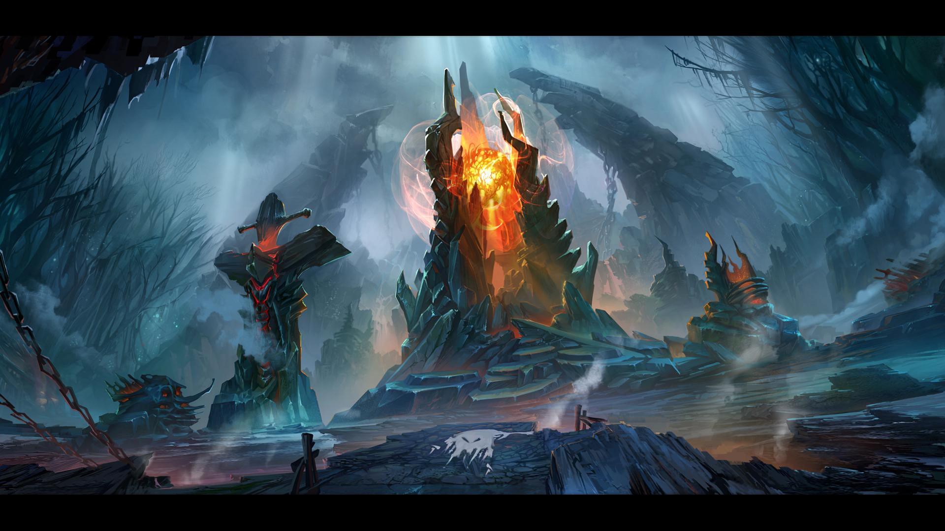 Dota 2 Hellish Landscape with Fiery Structures HD Wallpaper