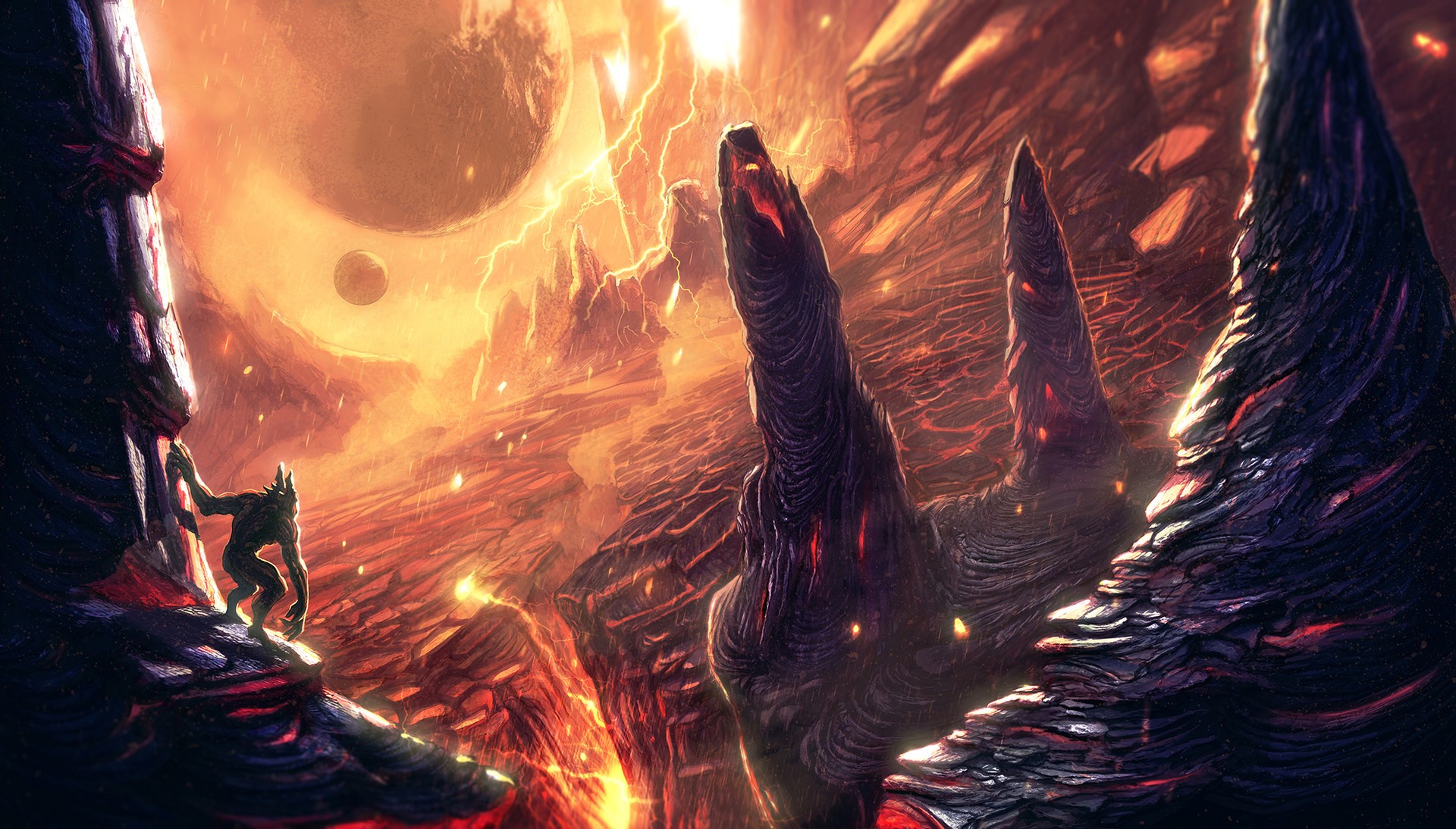 A creature in a volcanic canyon with planets in the sky HD Wallpaper