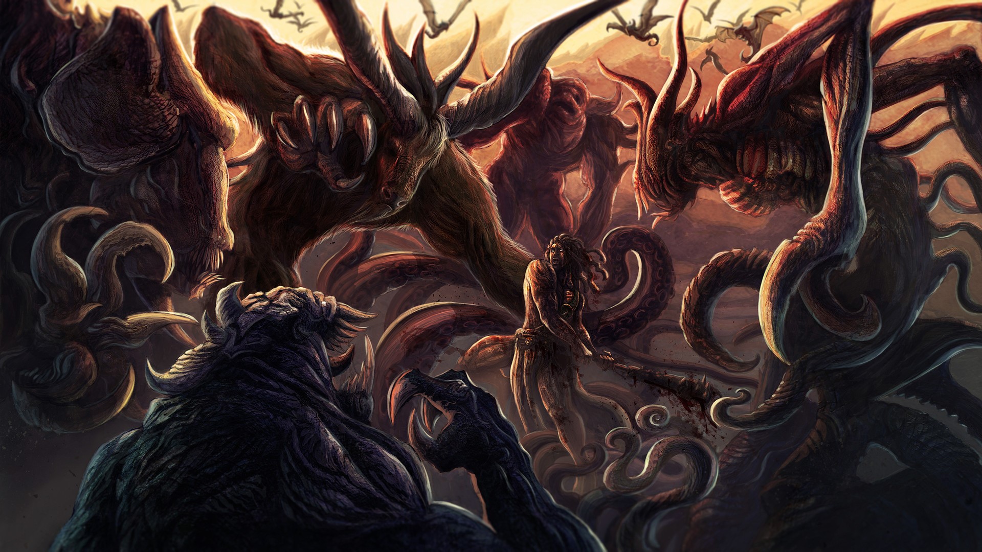 Monsters and a human fighting HD Wallpaper
