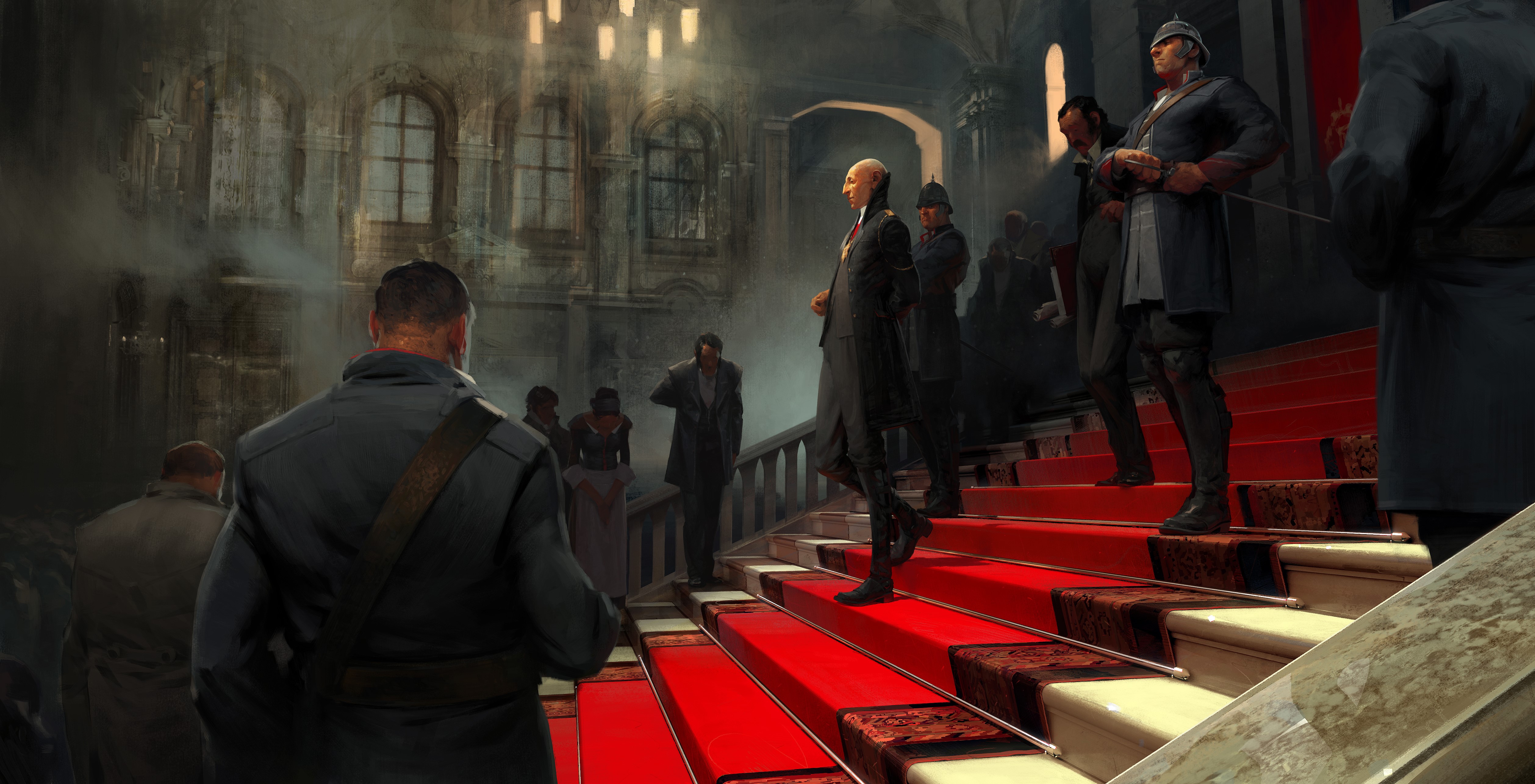 Men on stairs in Dishonored HD Wallpaper