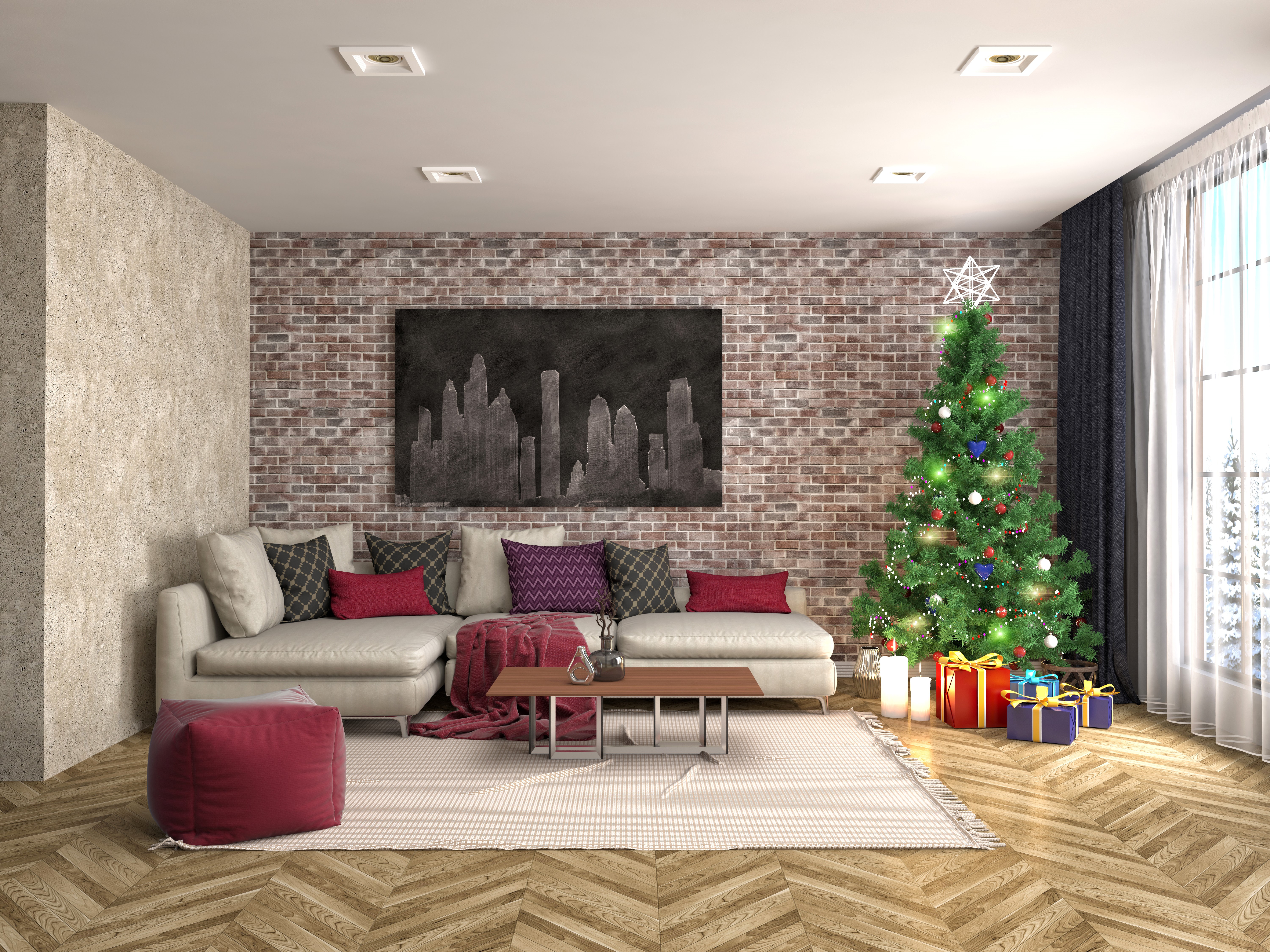 Living room with Christmas tree and gifts HD Wallpaper
