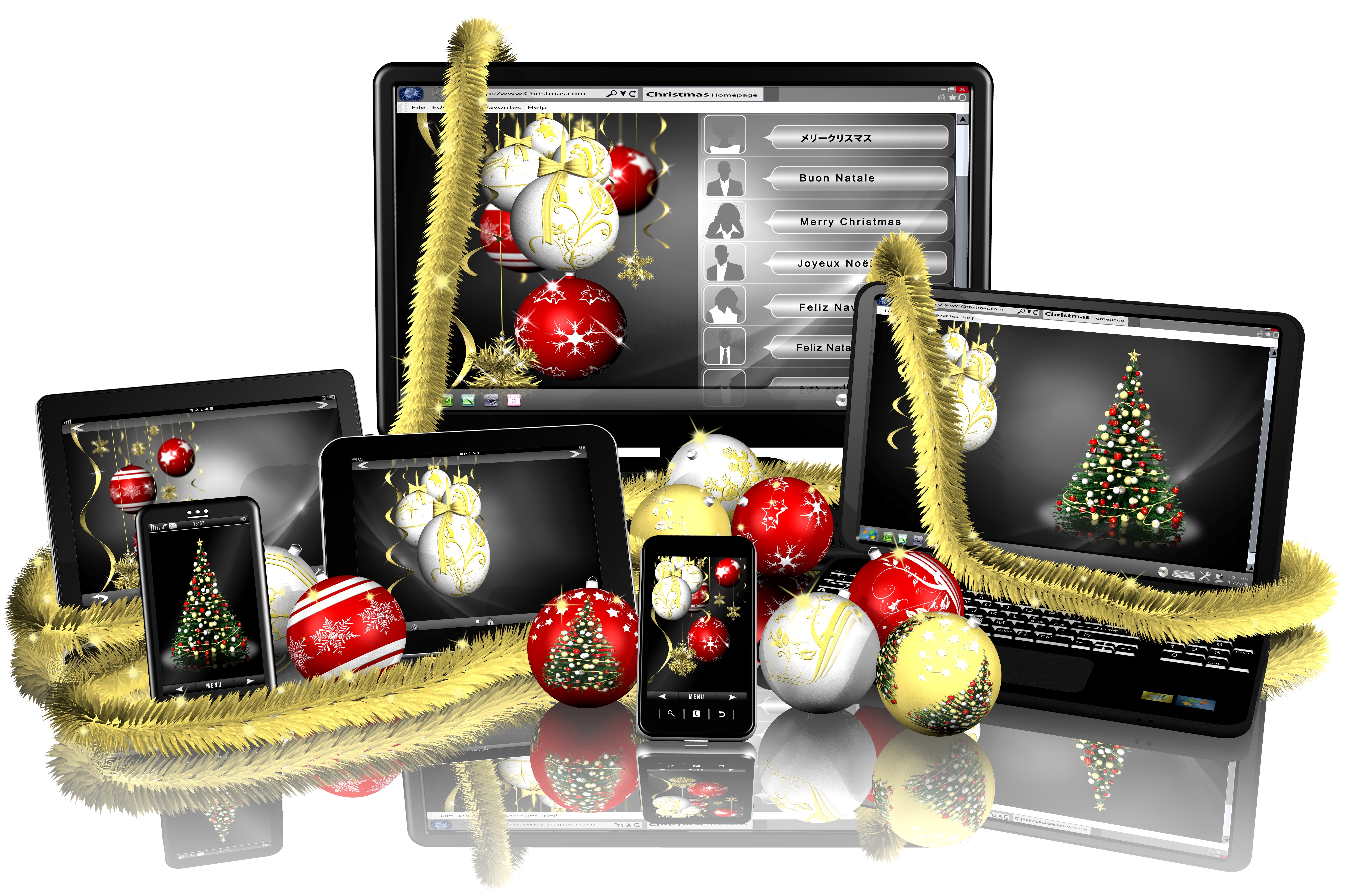 Christmas digital devices with ornaments and tinsel HD Wallpaper