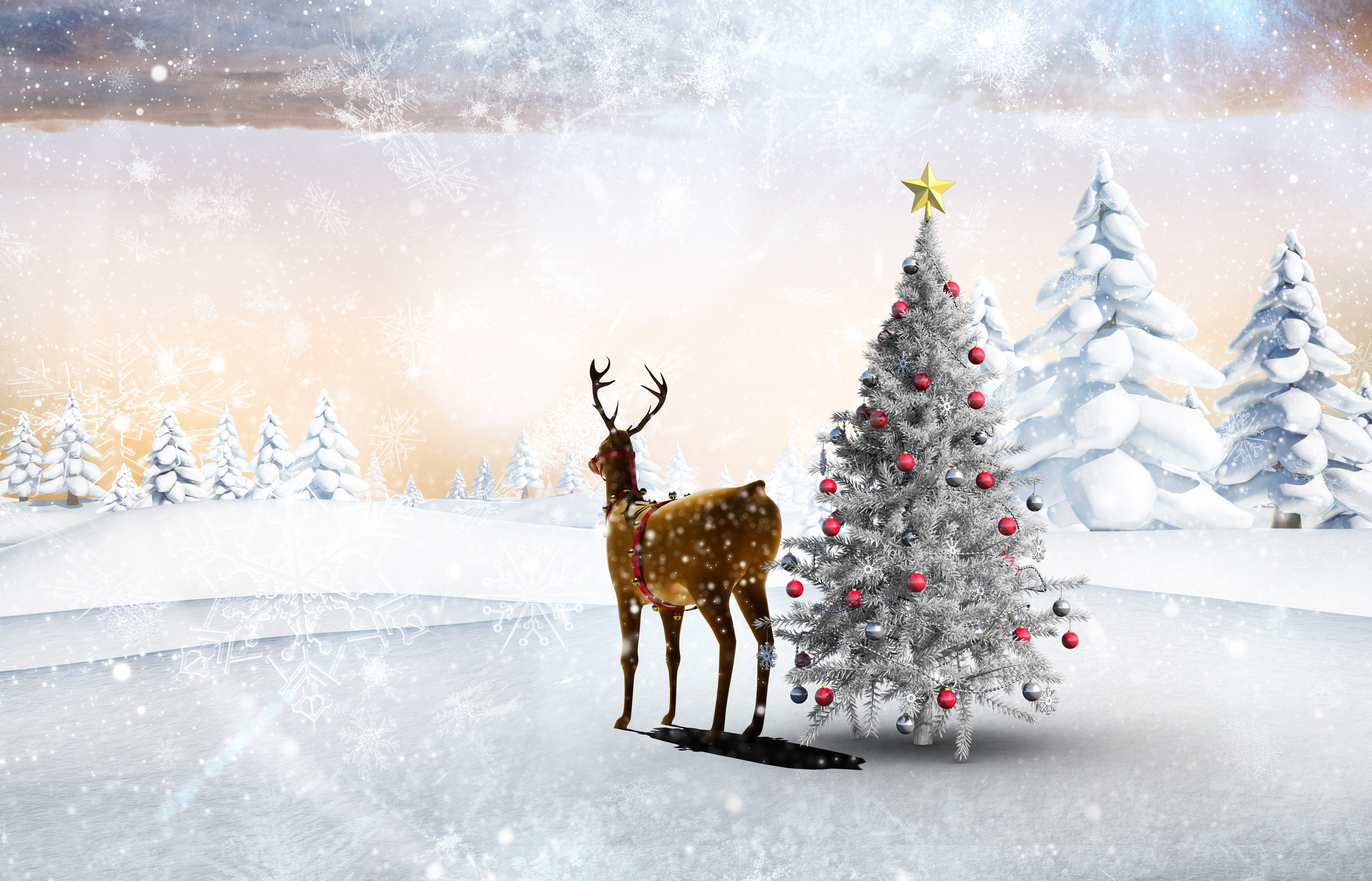 Christmas scene with reindeer and decorated tree HD Wallpaper