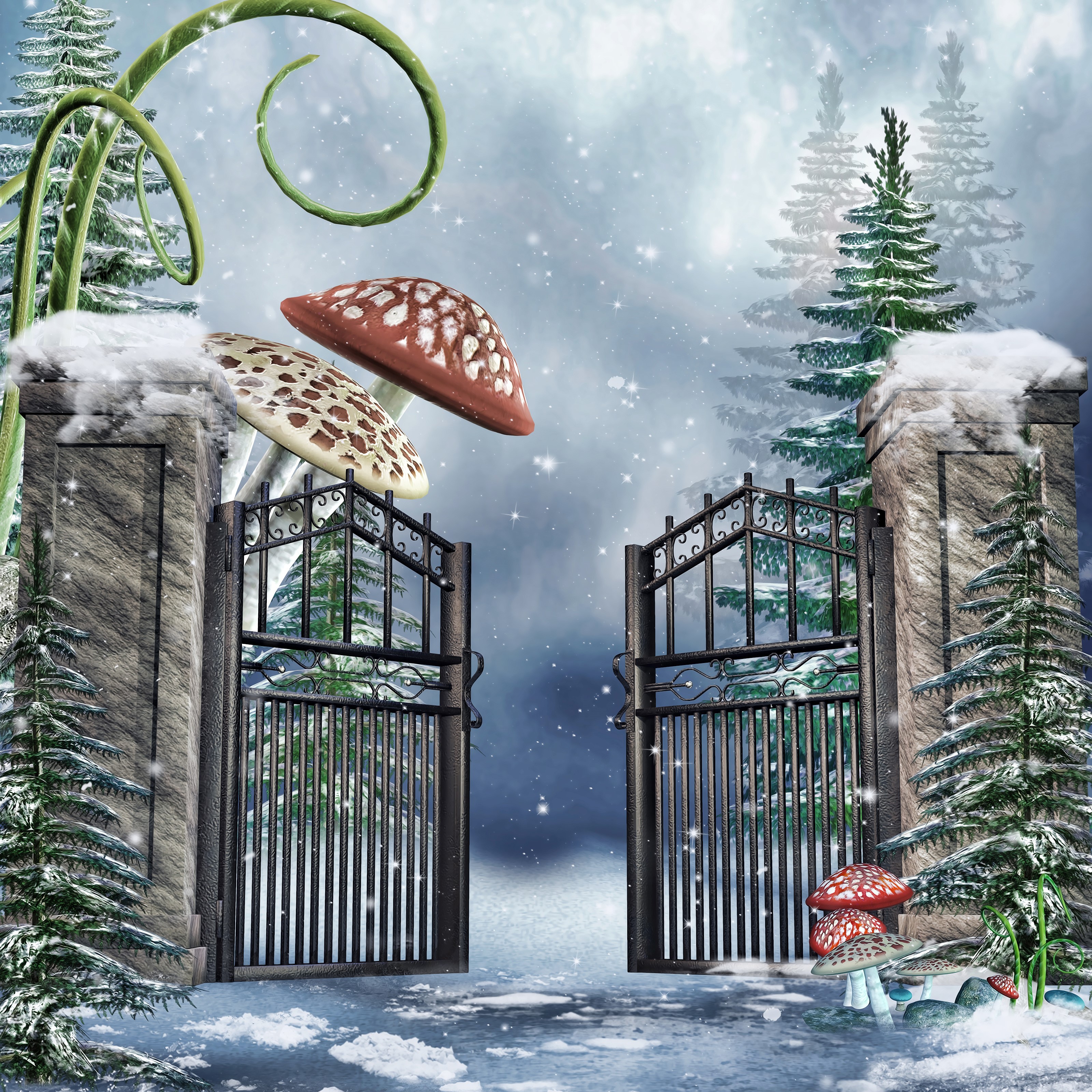 Winter gate with mushrooms and snow HD Wallpaper