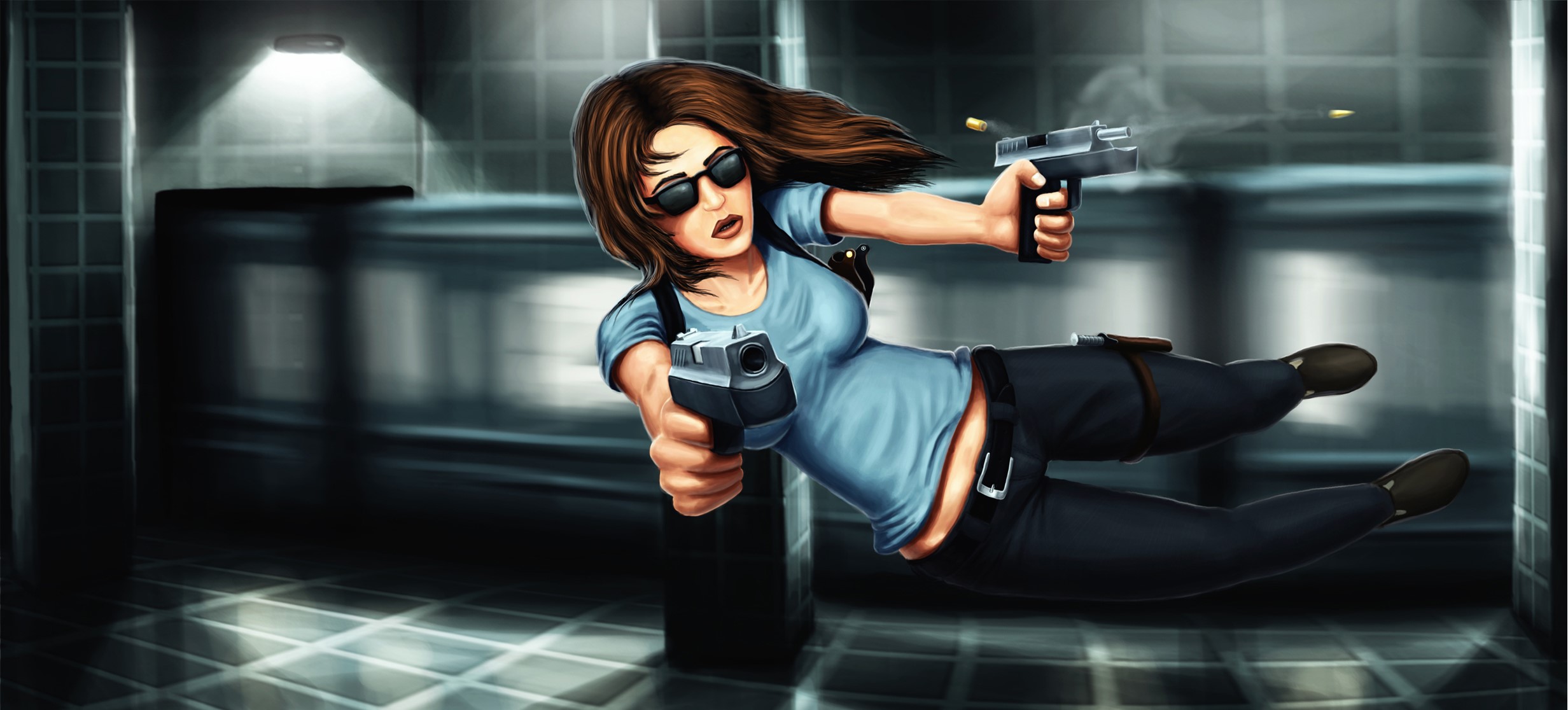 Woman from Max Payne firing pistols while jumping HD Wallpaper