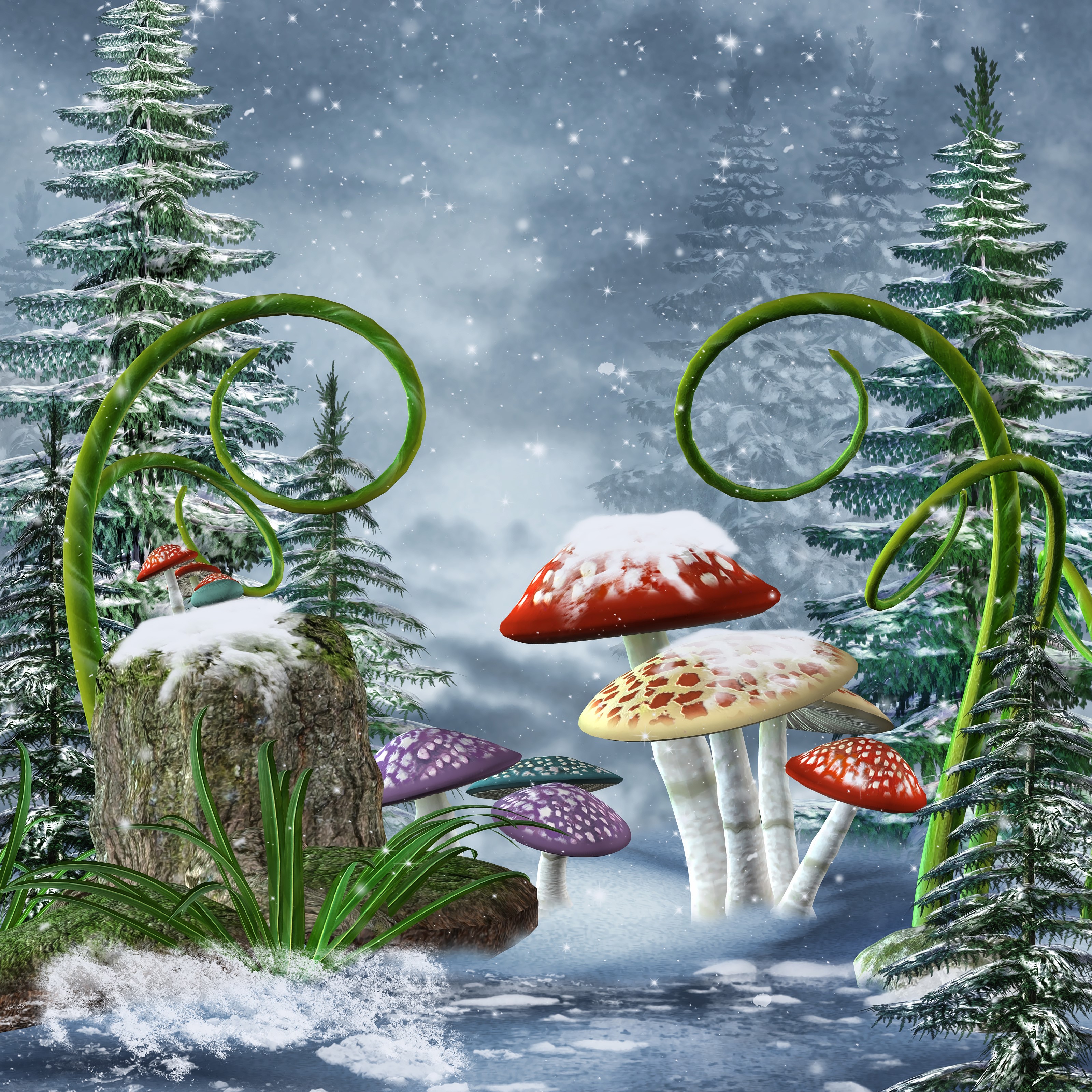 Fantasy winter forest with snow-covered mushrooms and trees HD Wallpaper