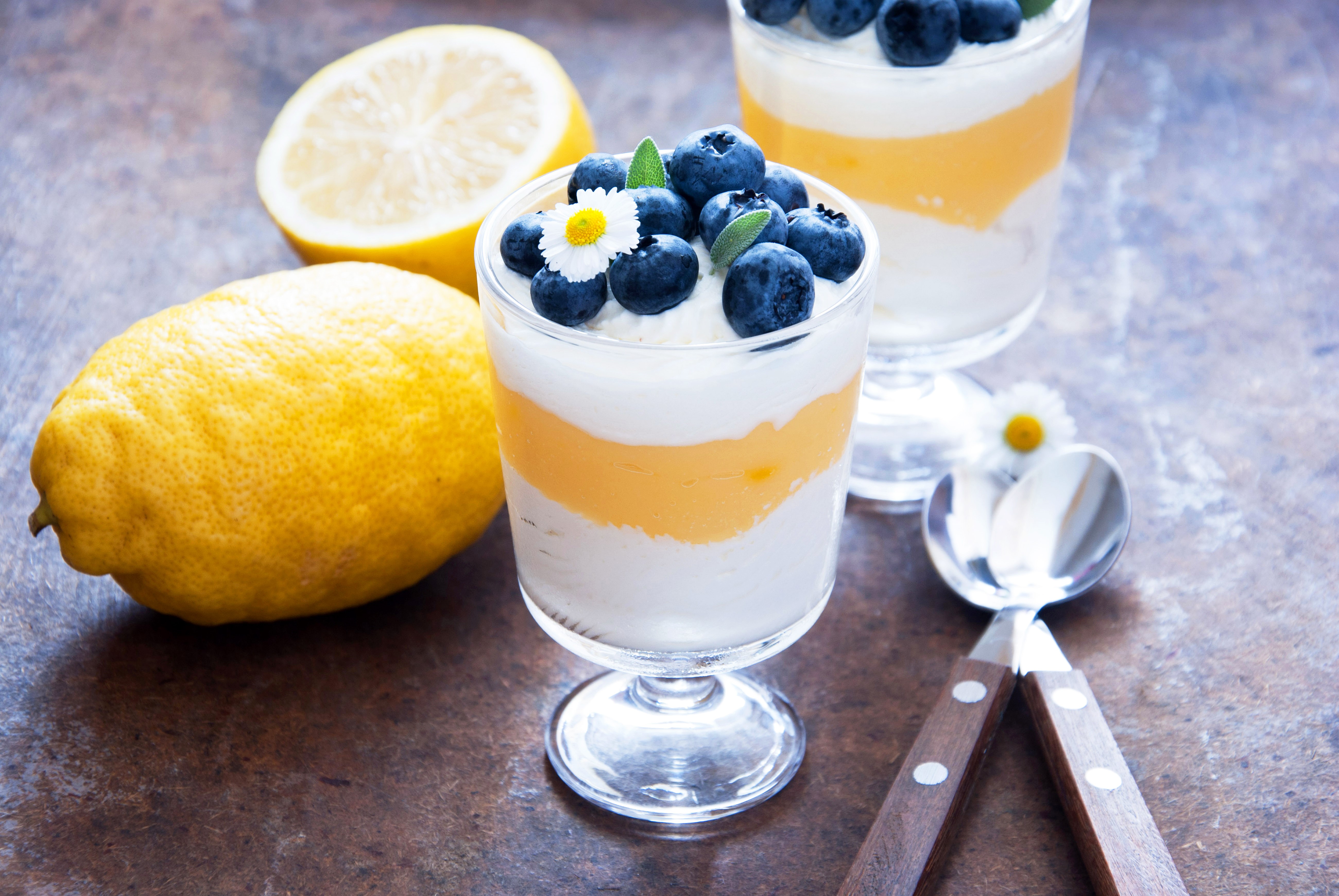 Lemon and Blueberry Parfait with Lemons and Spoon HD Wallpaper