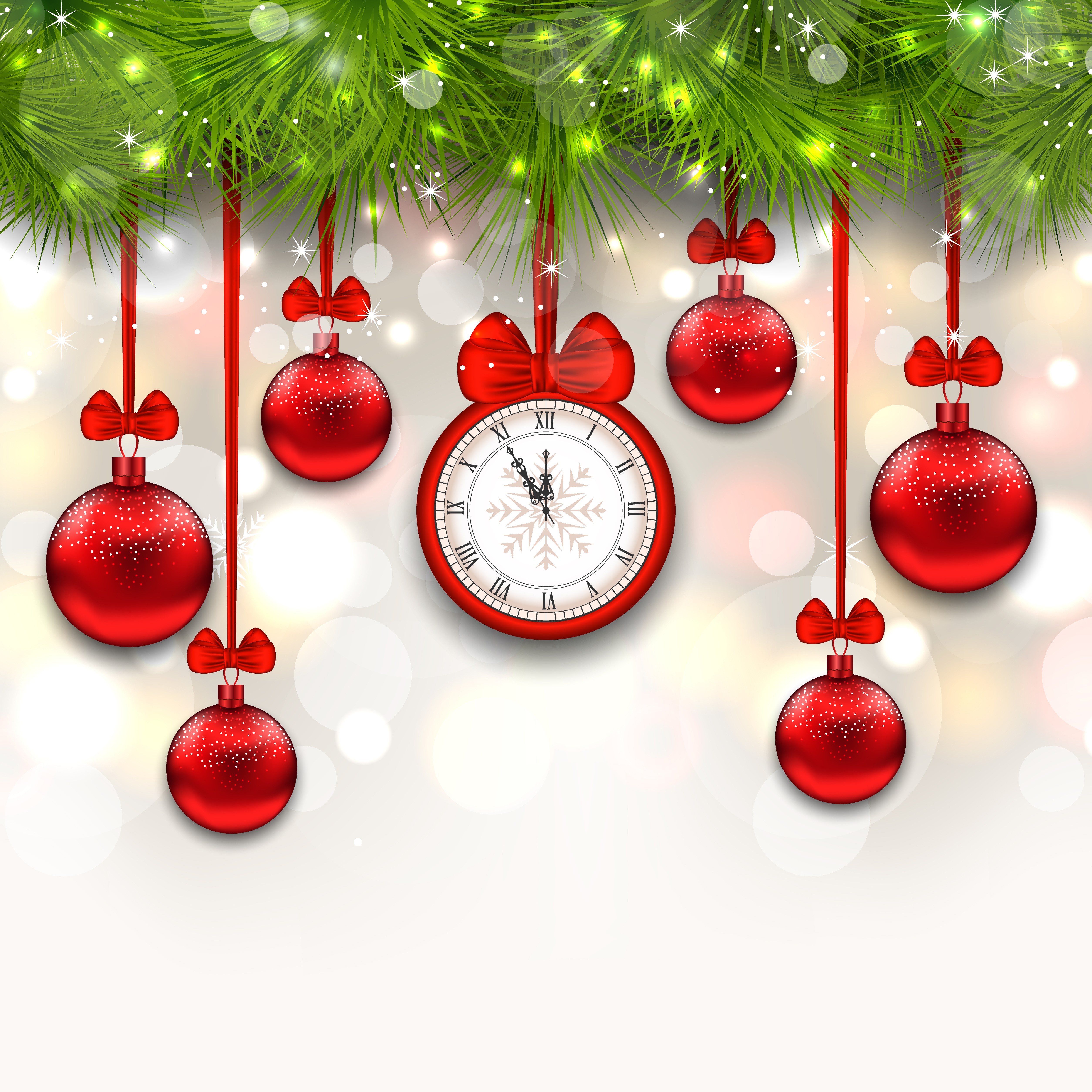 Christmas clock and ornaments on pine branches HD Wallpaper