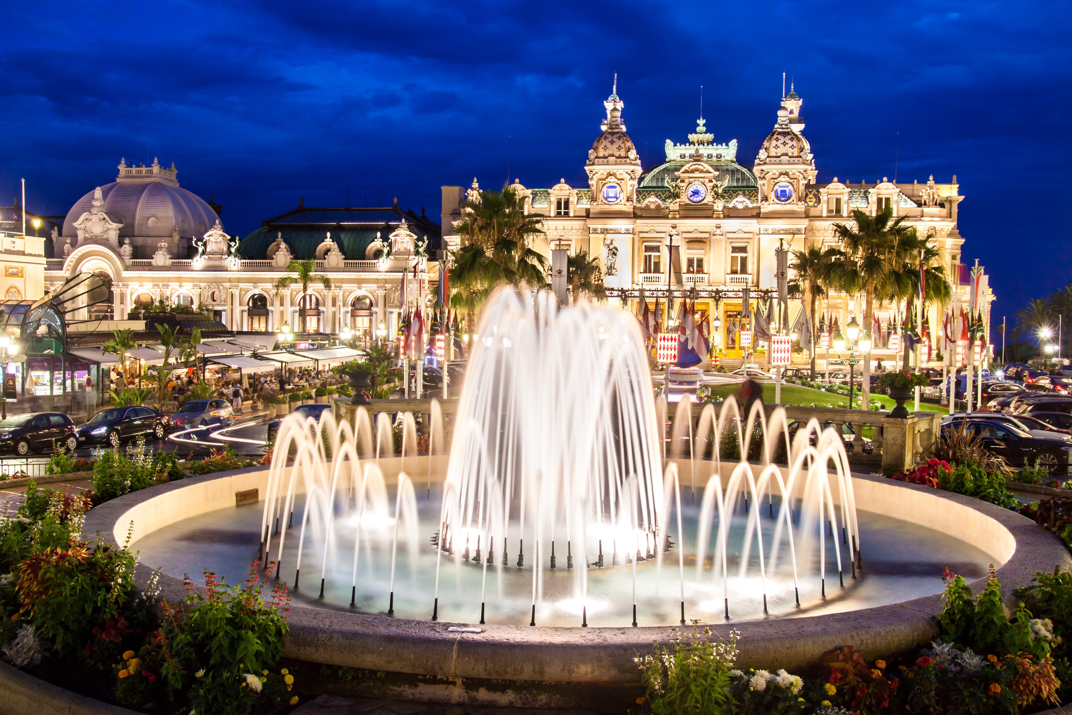 Casino de Monte-Carlo with fountain at dusk HD Wallpaper