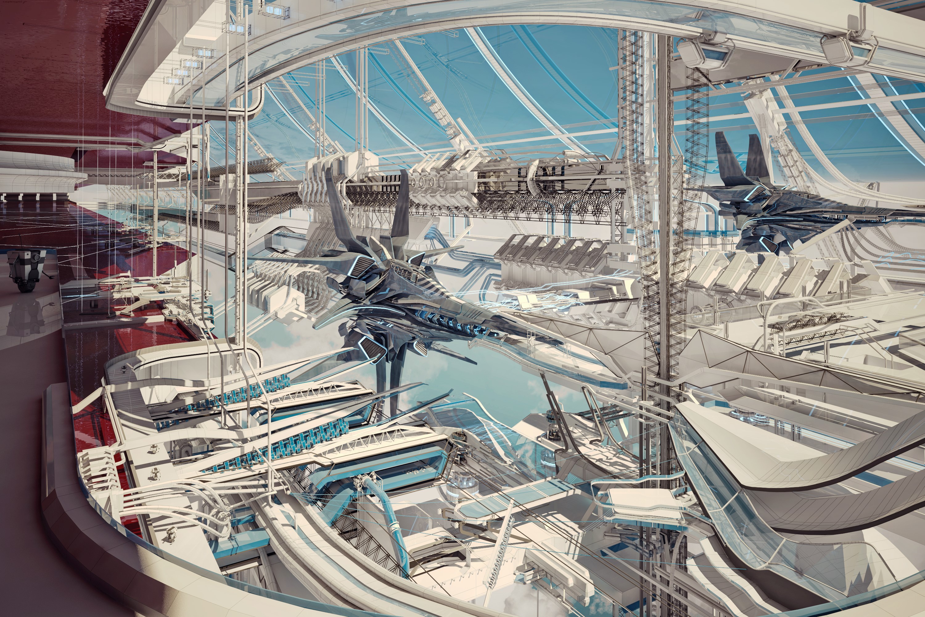 Futuristic city with advanced aircraft and transportation systems HD Wallpaper
