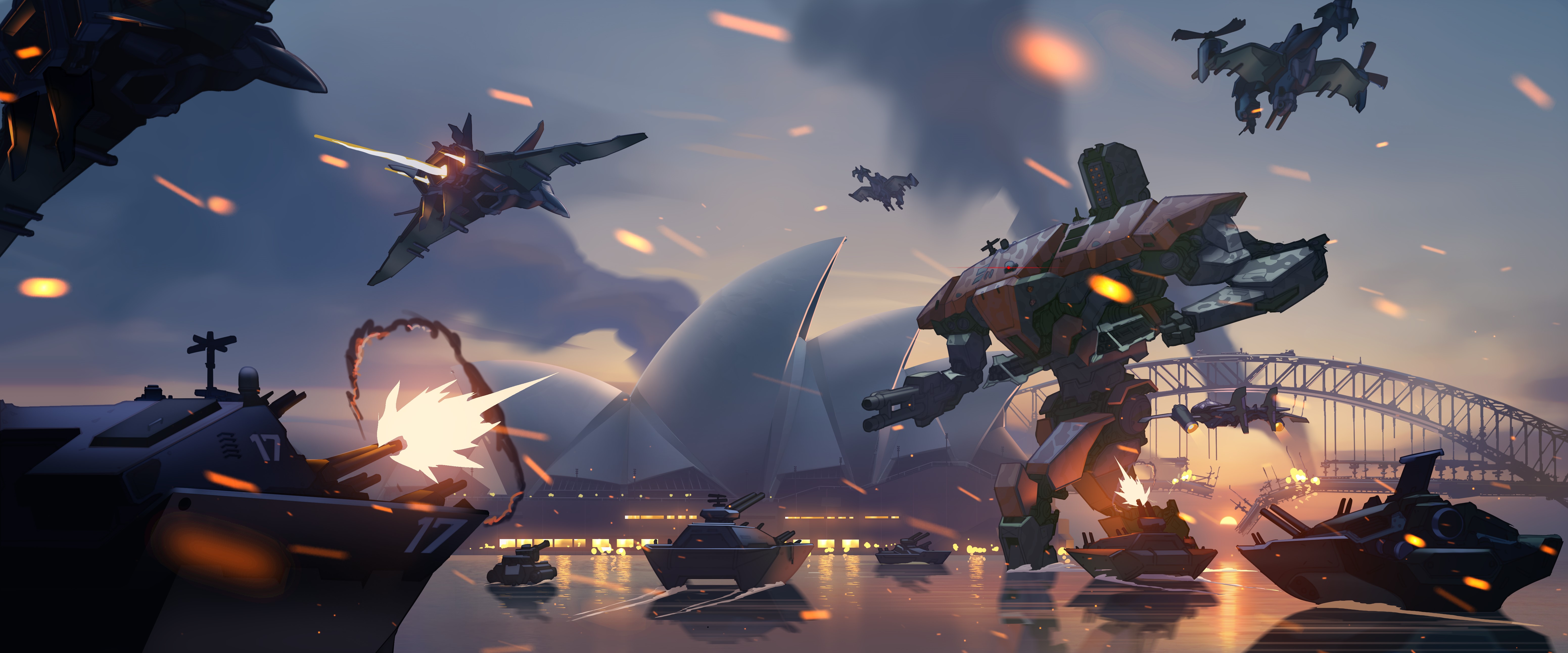 Overwatch robots and aircraft battle near Sydney Opera House HD Wallpaper